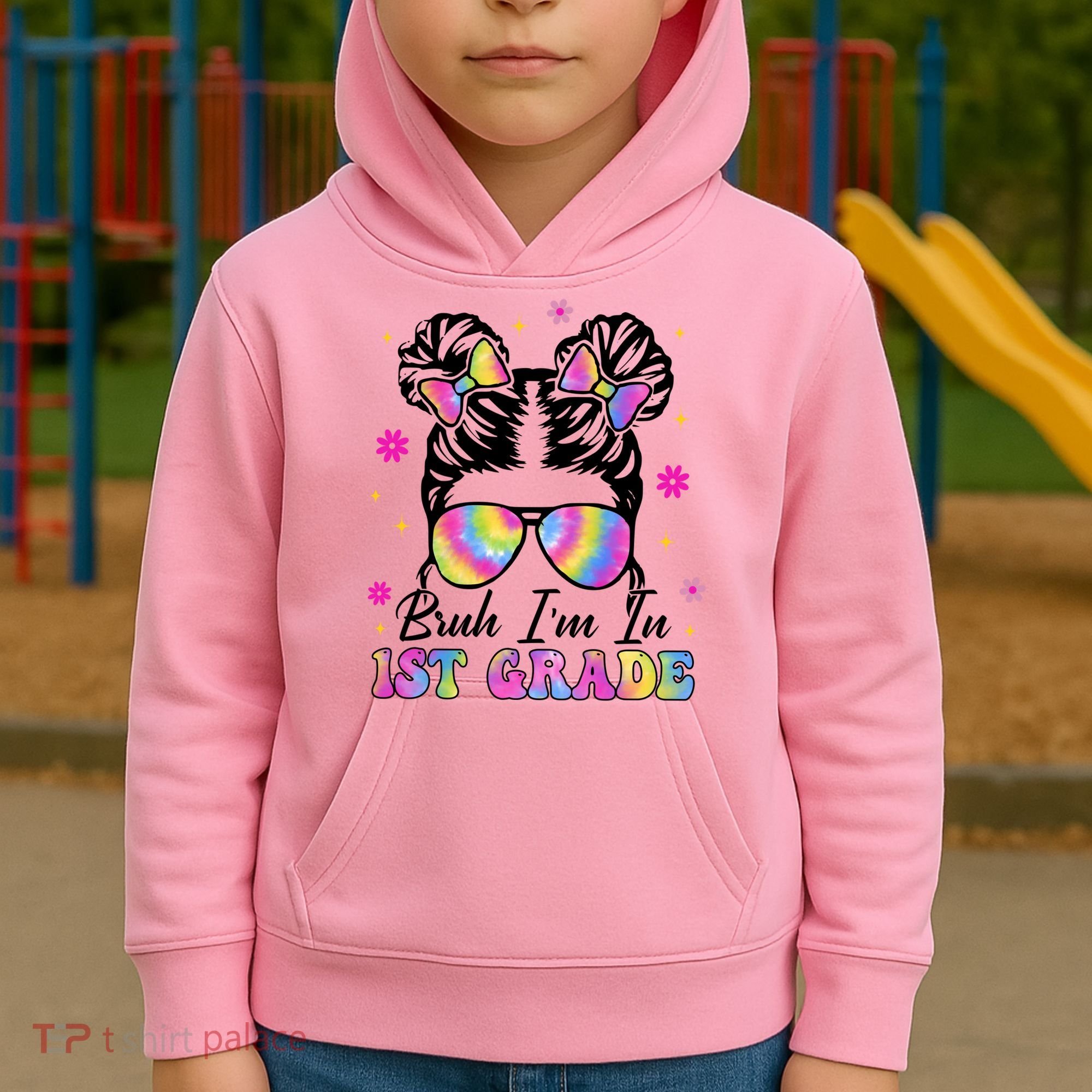 Bruh Im In 1st Grade Messy Bun First Day Of School Kids Hoodie