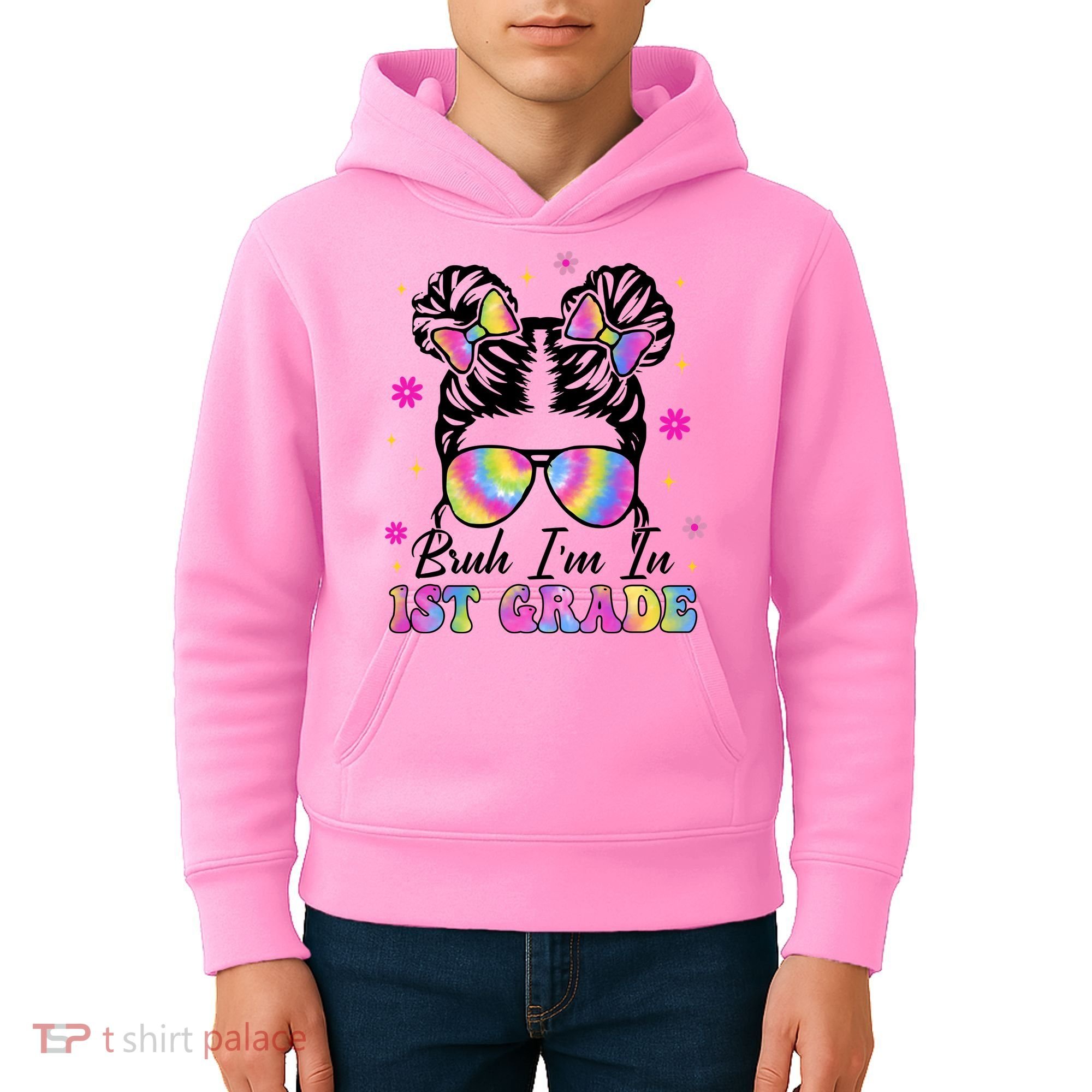 Bruh Im In 1st Grade Messy Bun First Day Of School Kids Hoodie