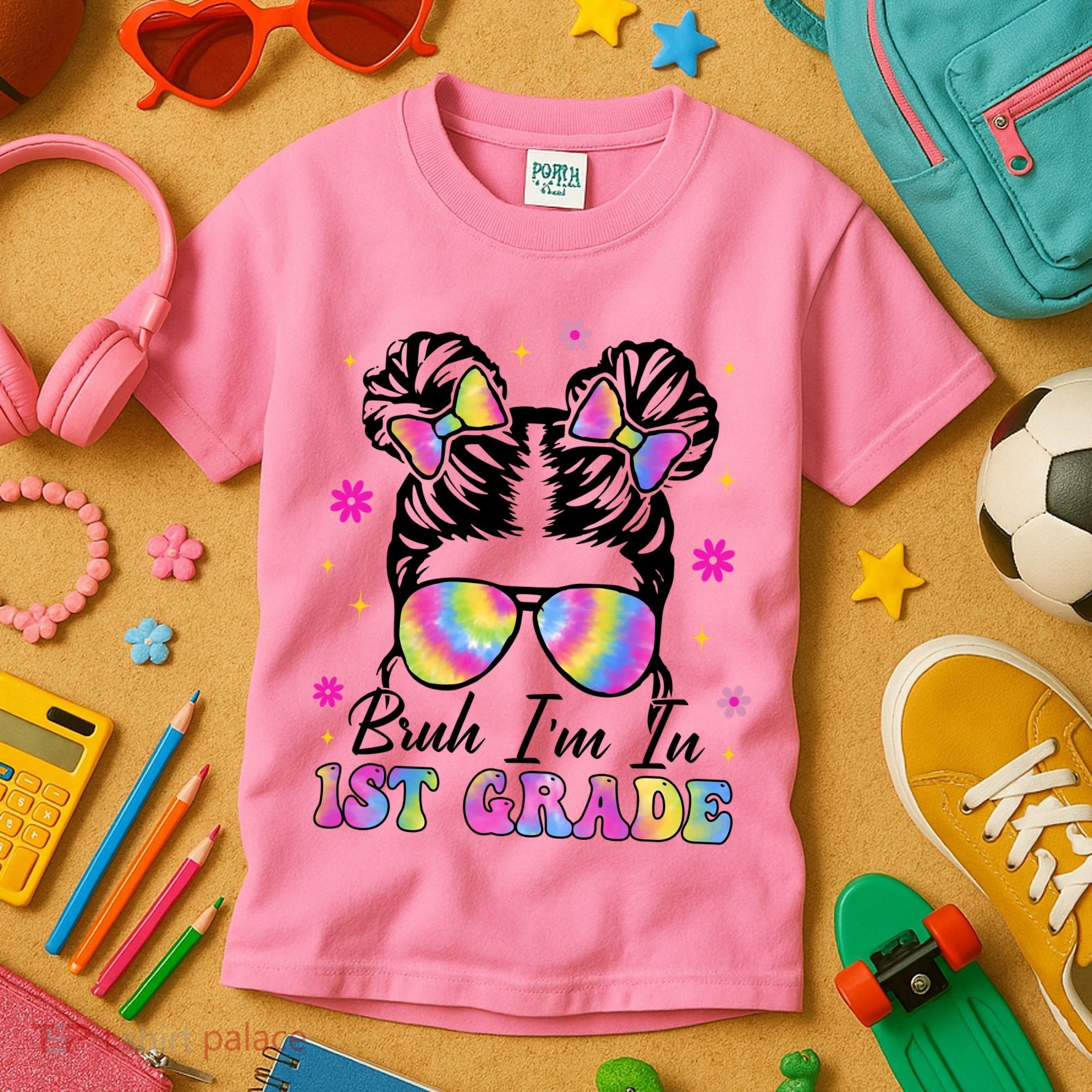 Bruh Im In 1st Grade Messy Bun First Day Of School Kids T-Shirt