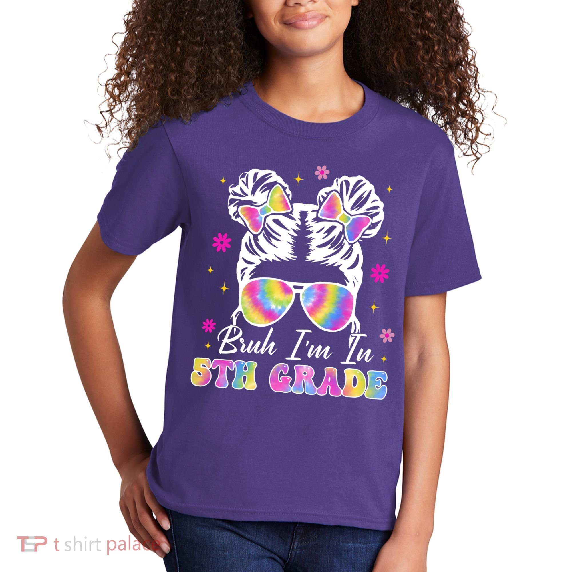 Bruh Im In 5th Grade Messy Bun First Day Of School Kids T-Shirt