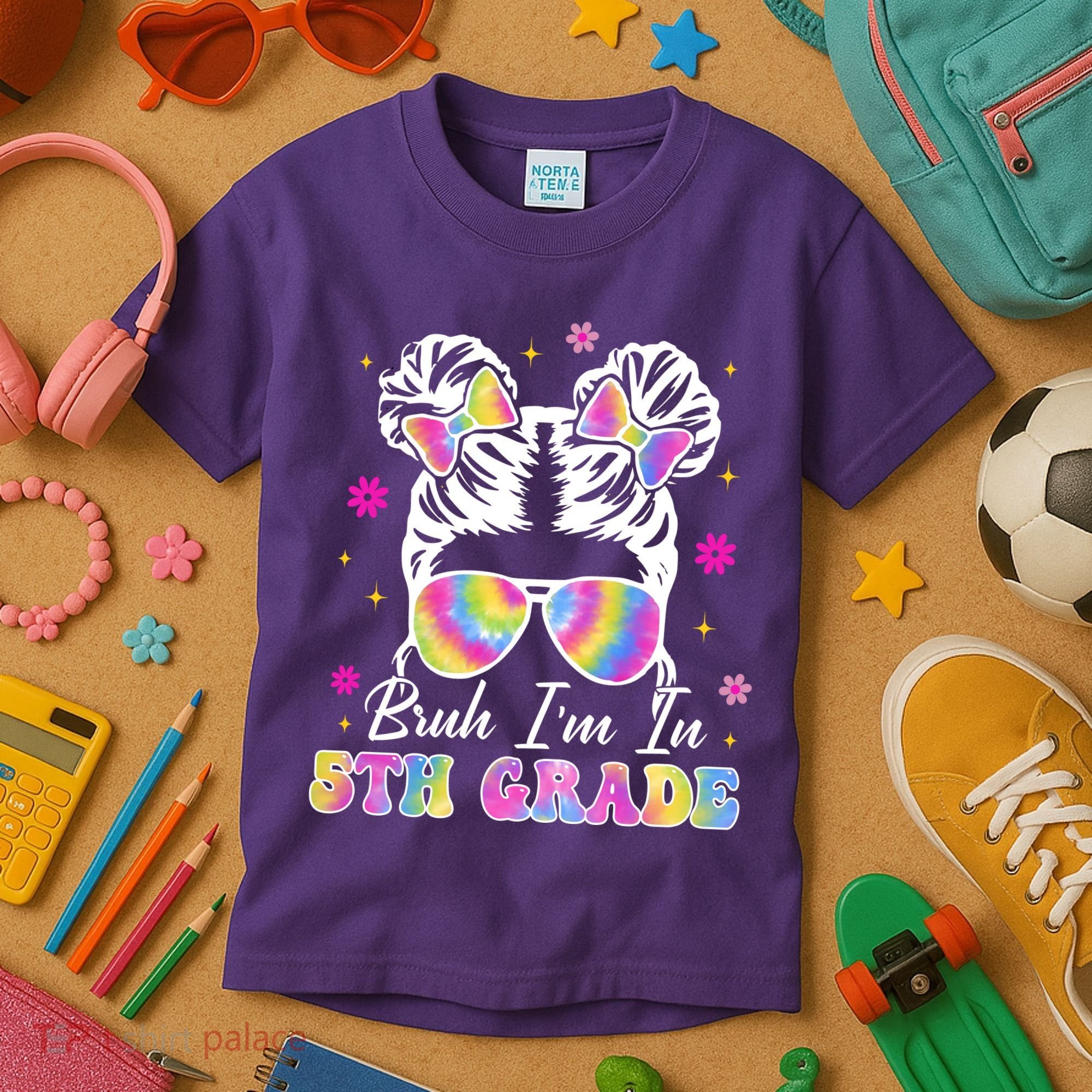 Bruh Im In 5th Grade Messy Bun First Day Of School Kids T-Shirt