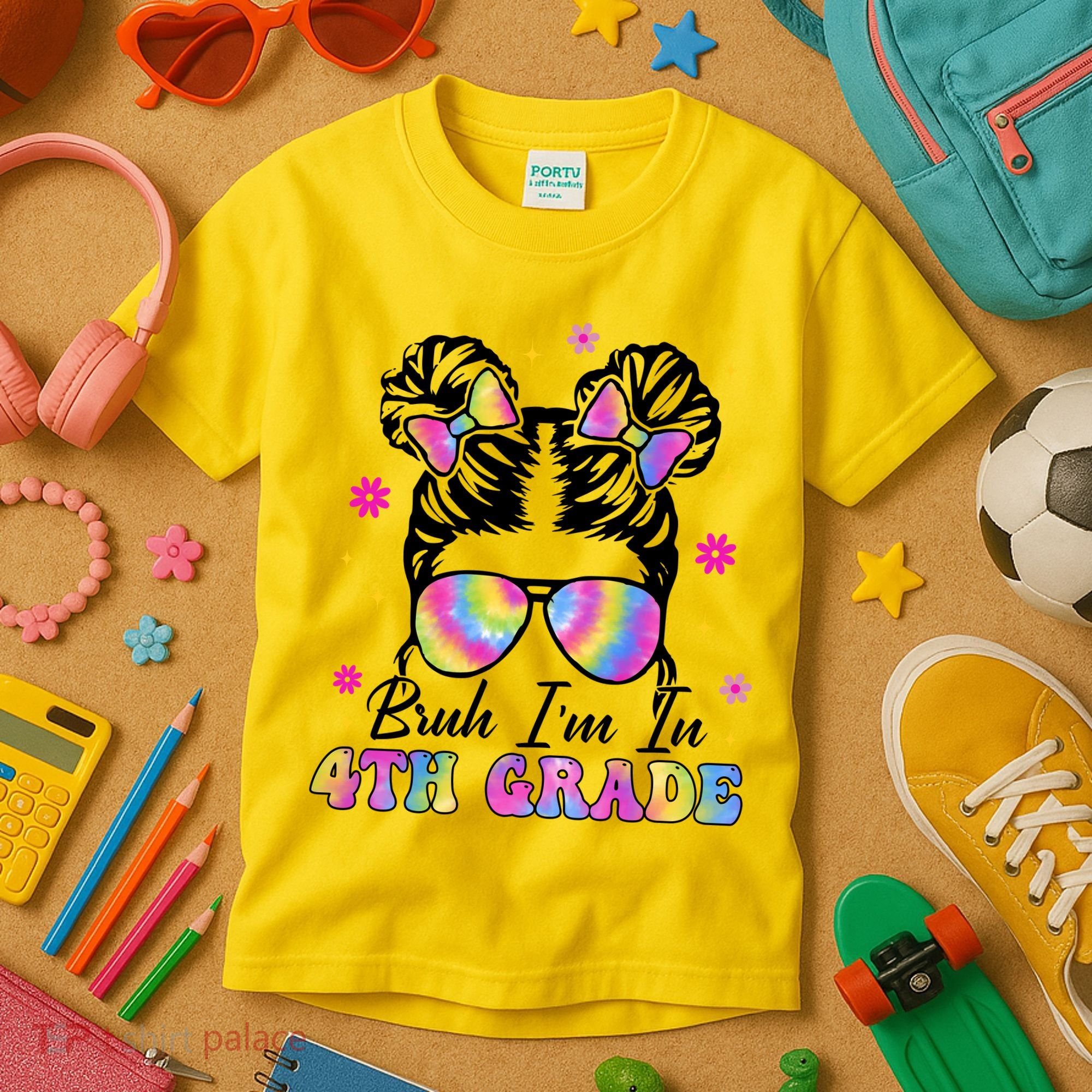 Bruh Im In 4th Grade Messy Bun First Day Of School Kids T-Shirt