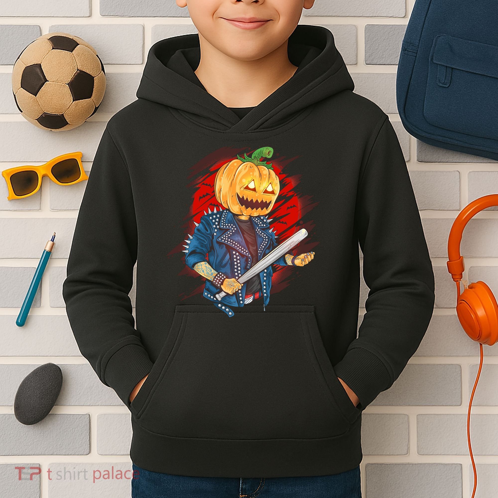 Biker Pumpkin Cool Halloween Kids Hoodie