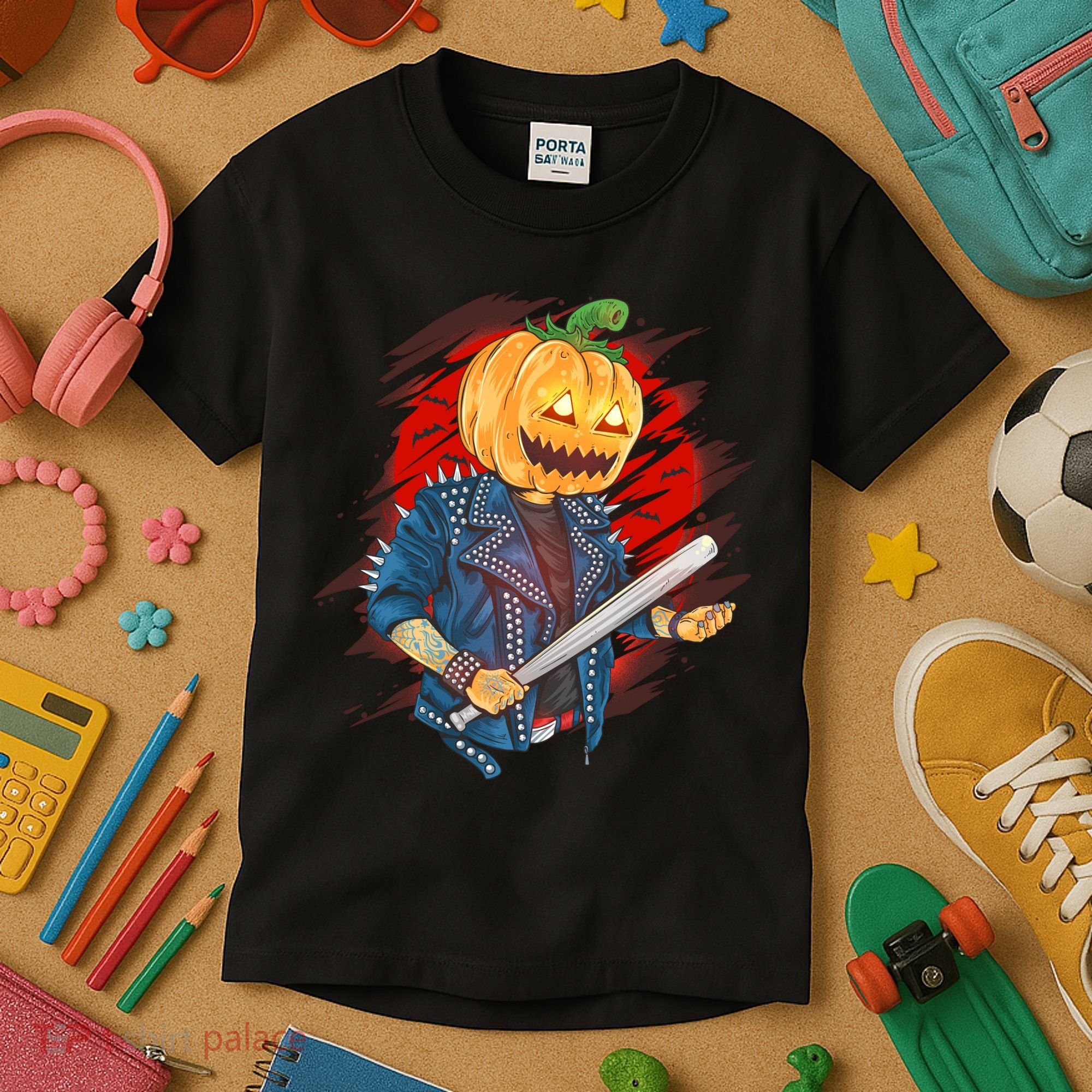 Biker Pumpkin Cool Halloween Kids T-Shirt