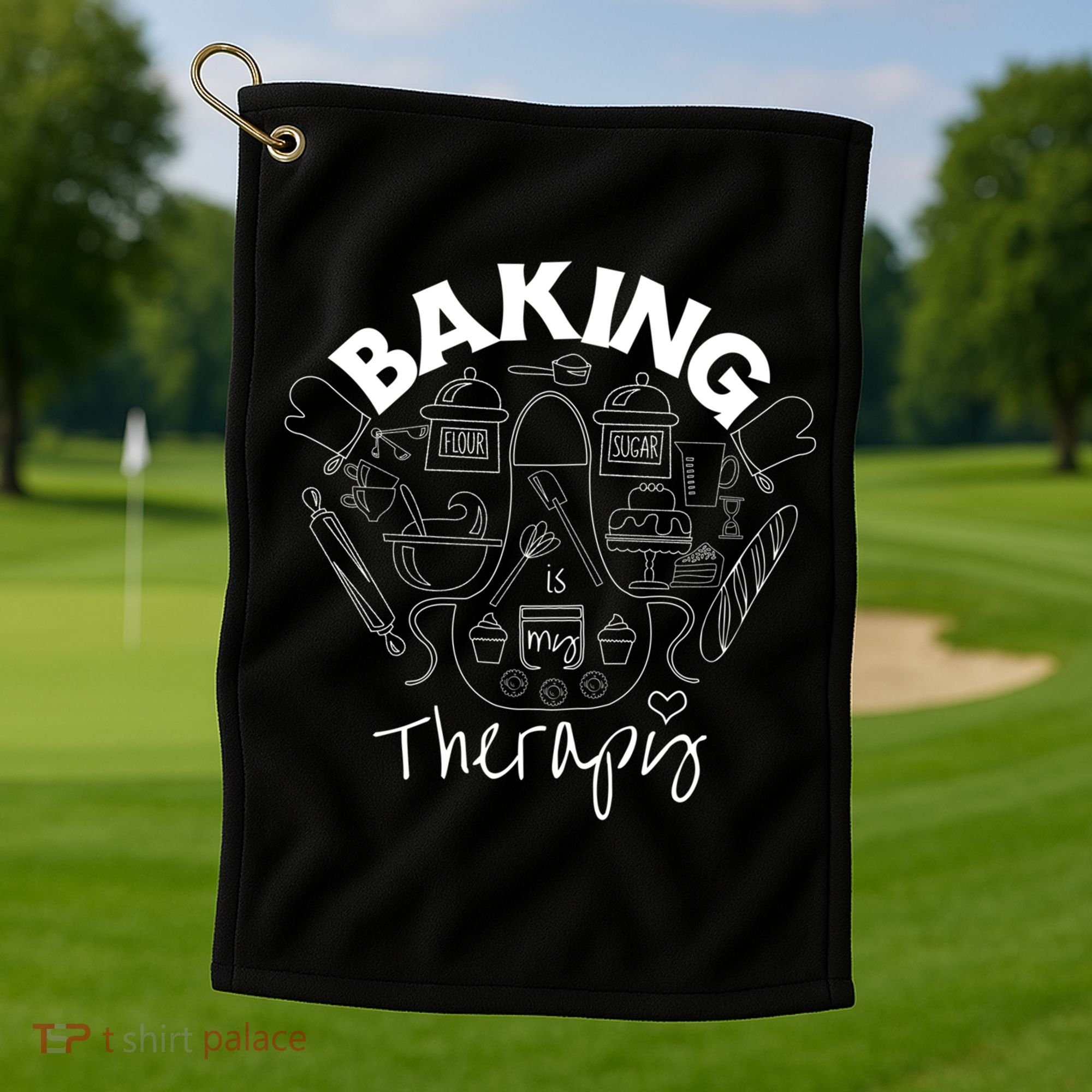 Baking Is My Therapy Apron Gloves Scoop Cup Cake Bakeaholic Cool Gift Golf Towel