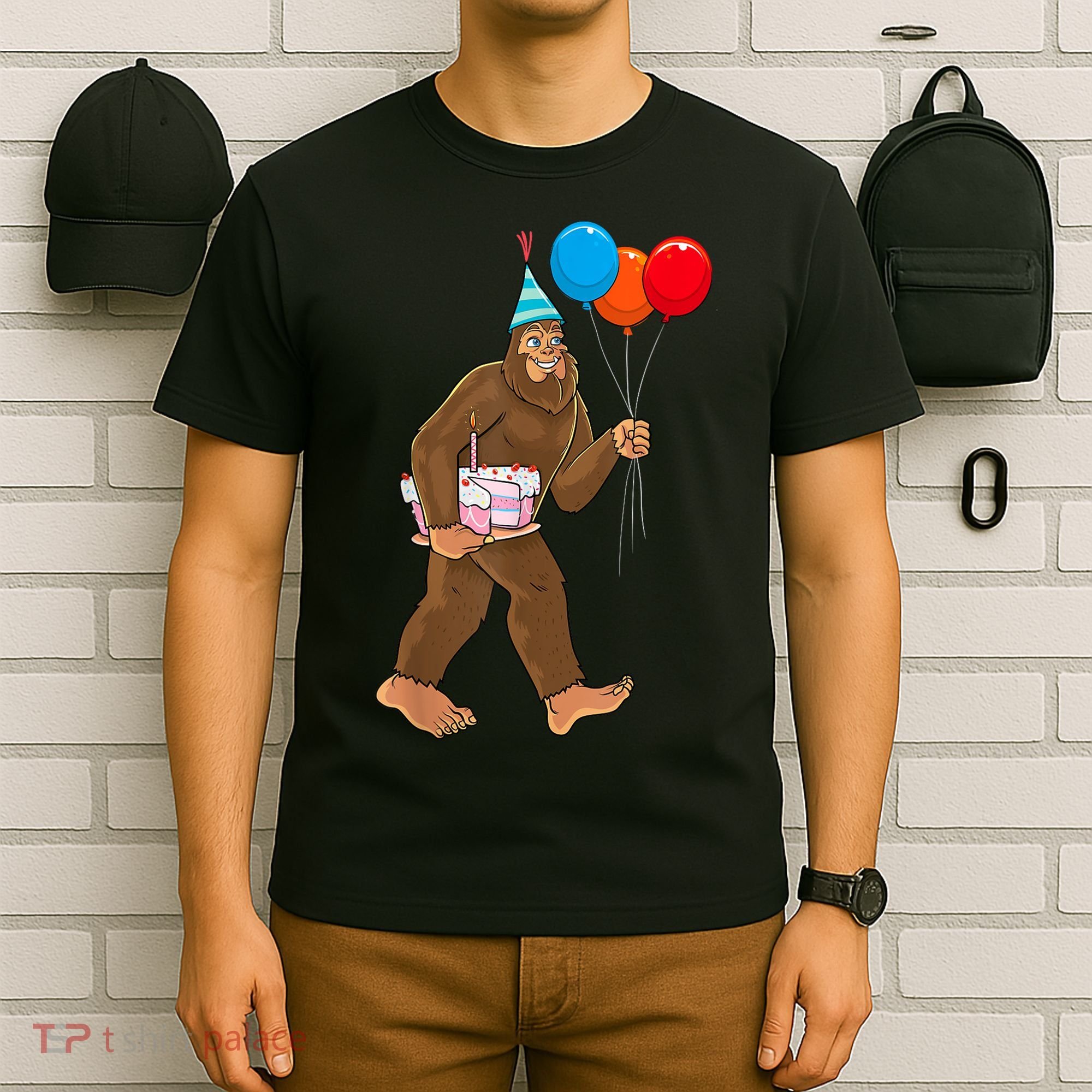 Bigfoot ItS My Birthday Party Hat Balloons Sasquatch T-Shirt