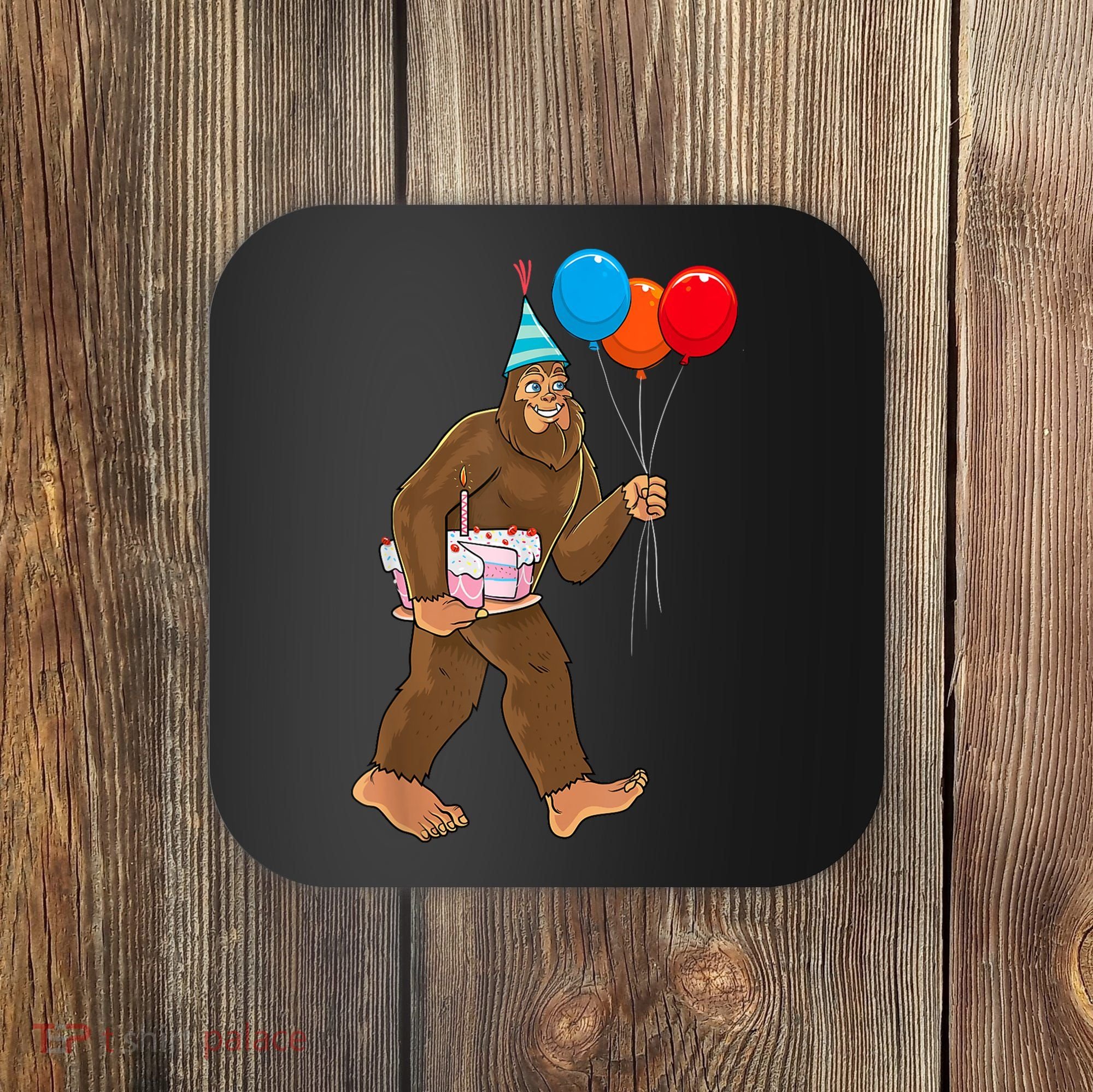 Bigfoot ItS My Birthday Party Hat Balloons Sasquatch Coaster