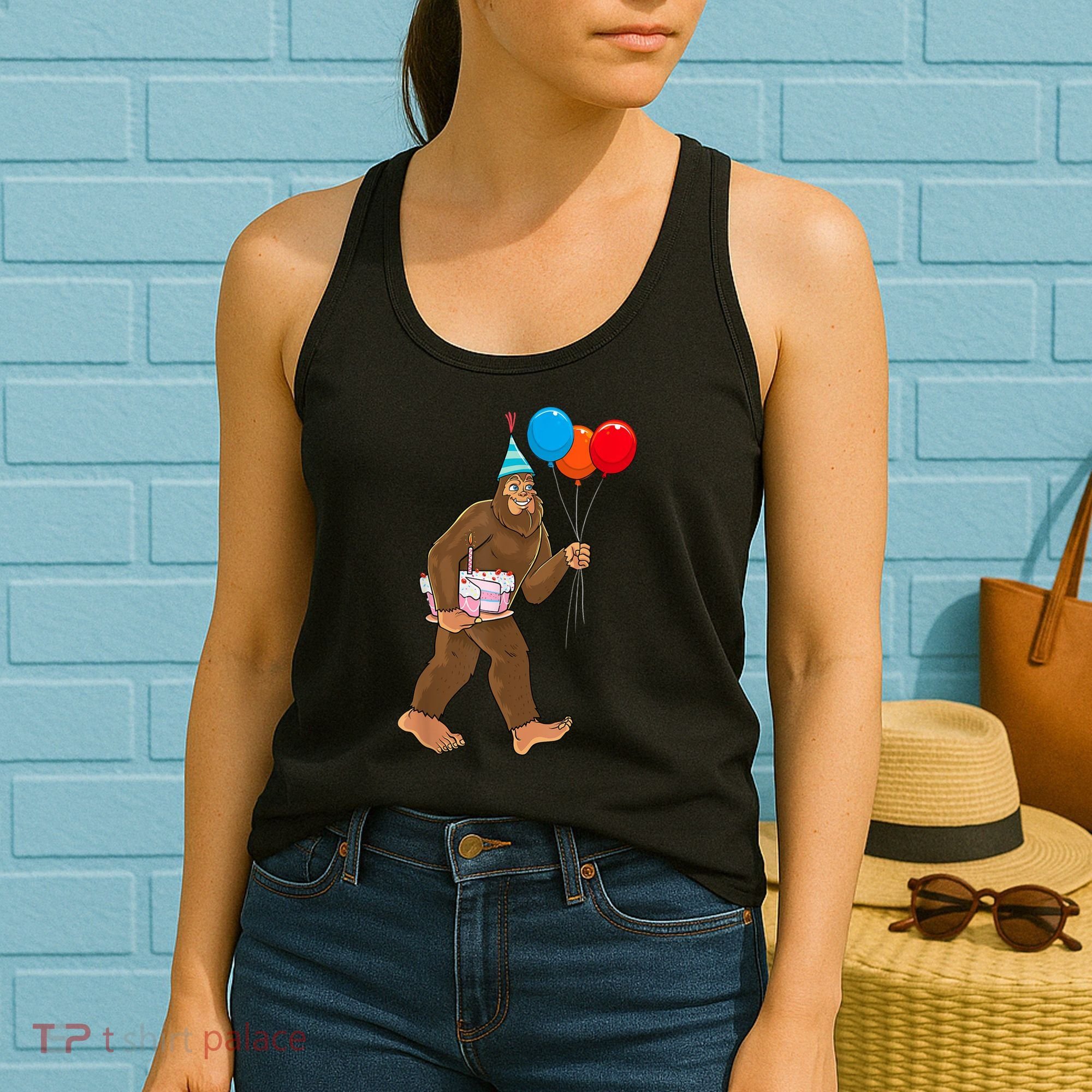 Bigfoot ItS My Birthday Party Hat Balloons Sasquatch Women's Tank Top