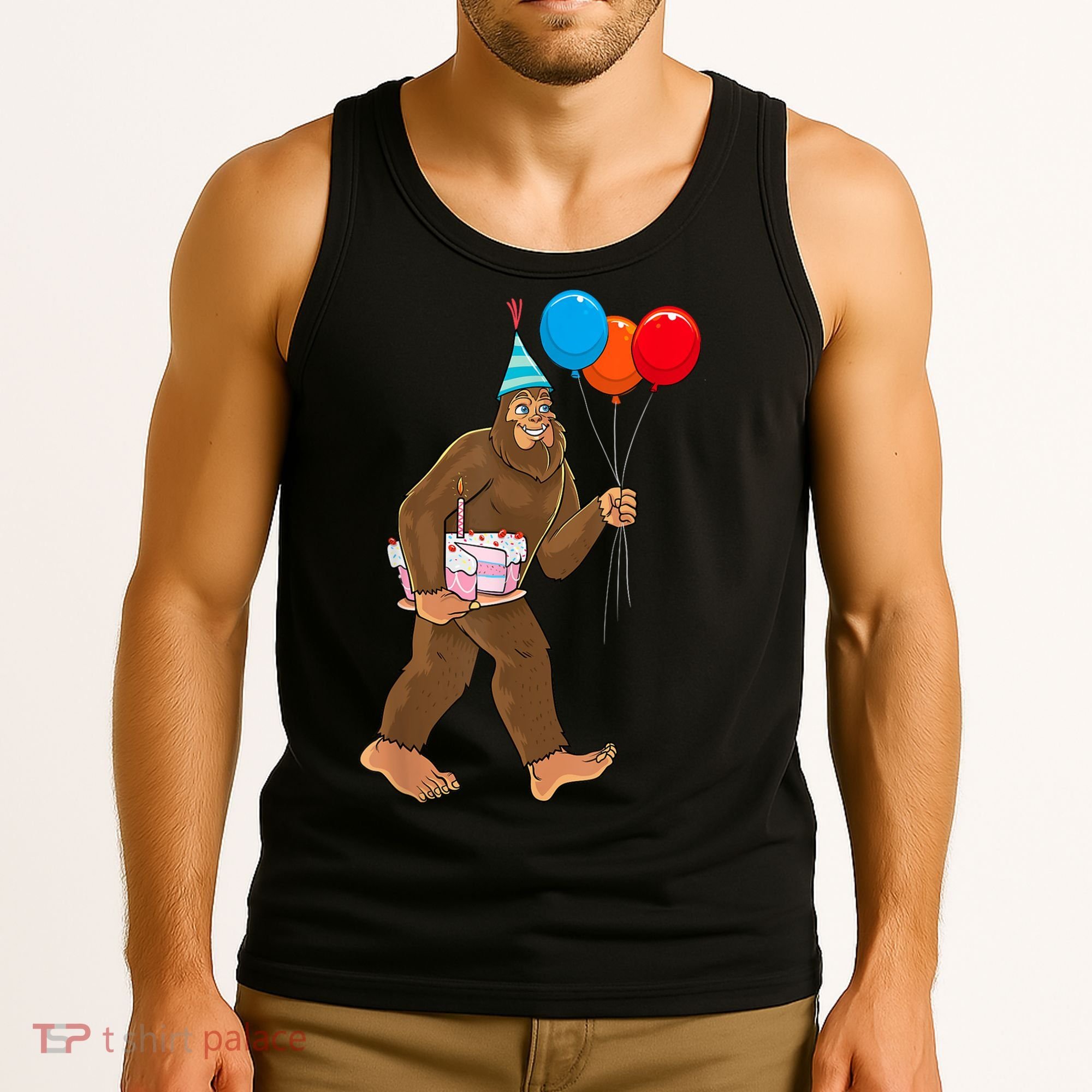 Bigfoot ItS My Birthday Party Hat Balloons Sasquatch Tank Top