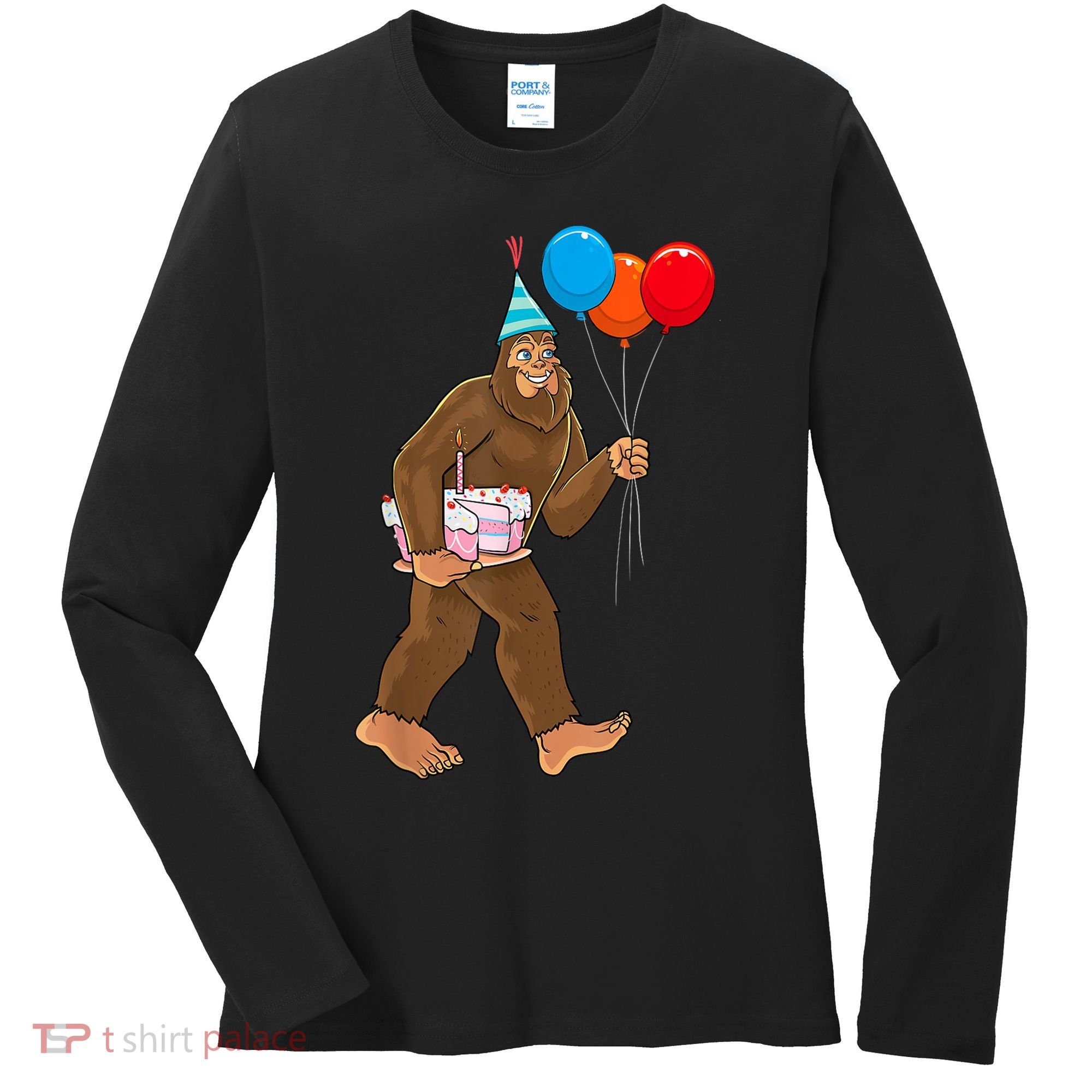 Bigfoot ItS My Birthday Party Hat Balloons Sasquatch Women's Long Sleeve Shirt