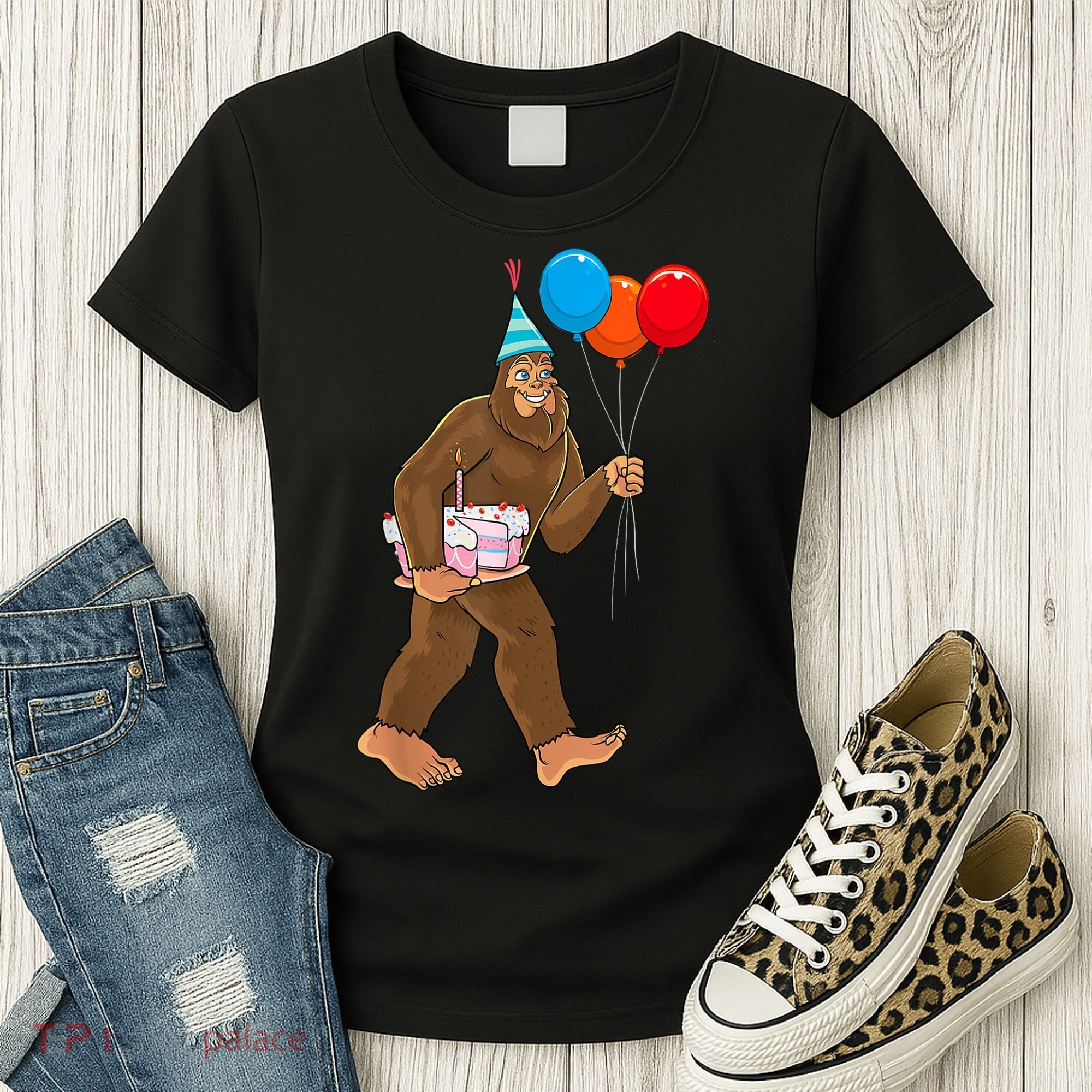 Bigfoot ItS My Birthday Party Hat Balloons Sasquatch Women's T-Shirt