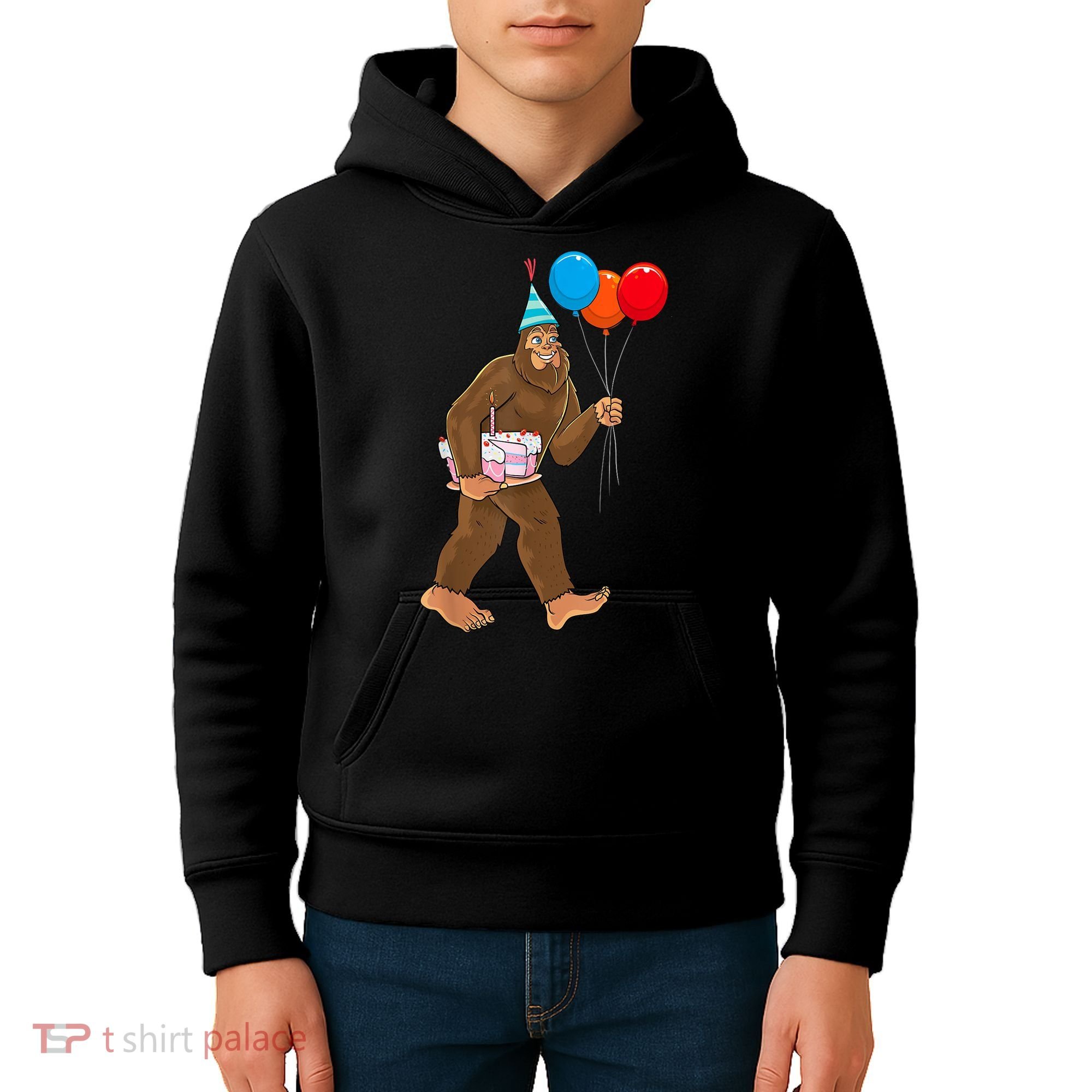 Bigfoot ItS My Birthday Party Hat Balloons Sasquatch Kids Hoodie