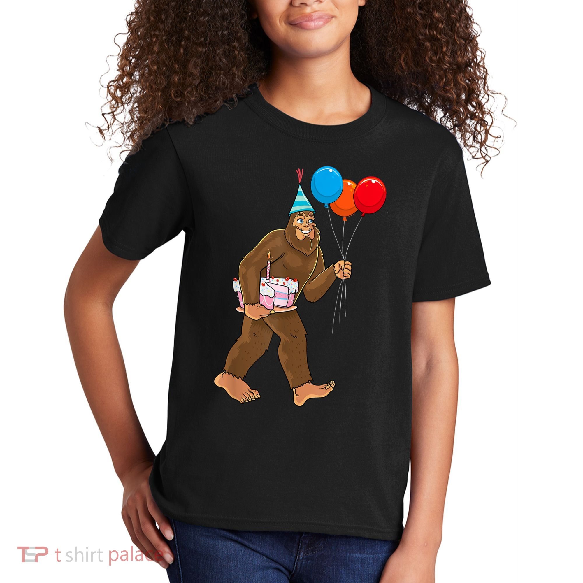 Bigfoot ItS My Birthday Party Hat Balloons Sasquatch Kids T-Shirt