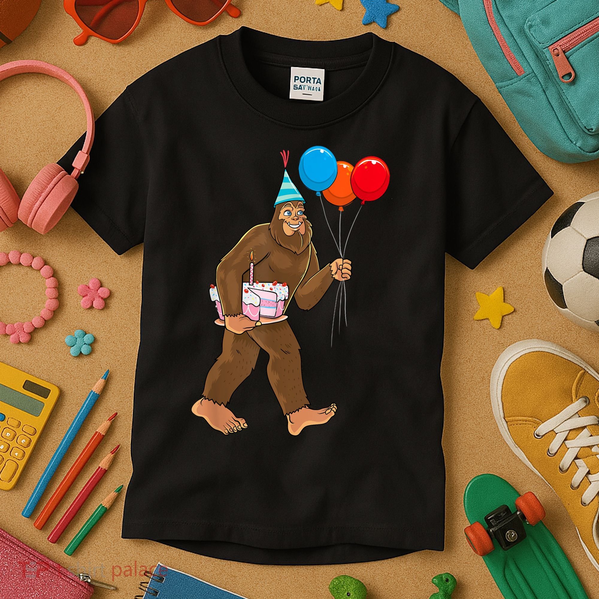 Bigfoot ItS My Birthday Party Hat Balloons Sasquatch Kids T-Shirt