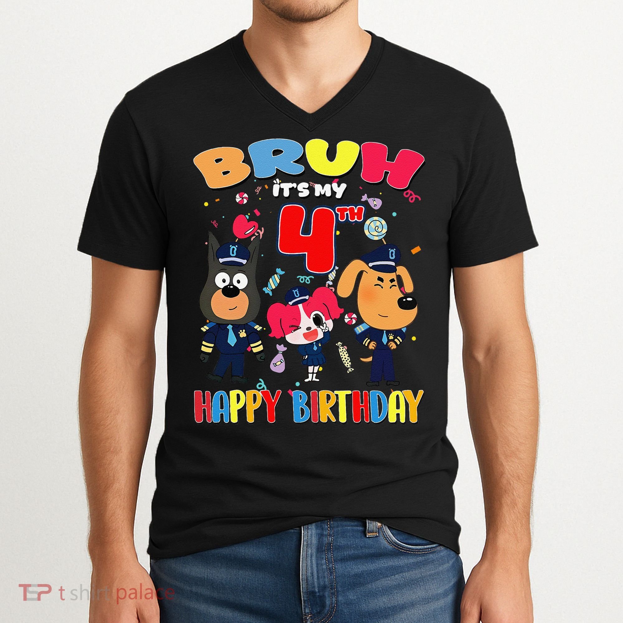 Bruh Its My 4th Birthday Sheriff Party Gift for V-Neck T-Shirt