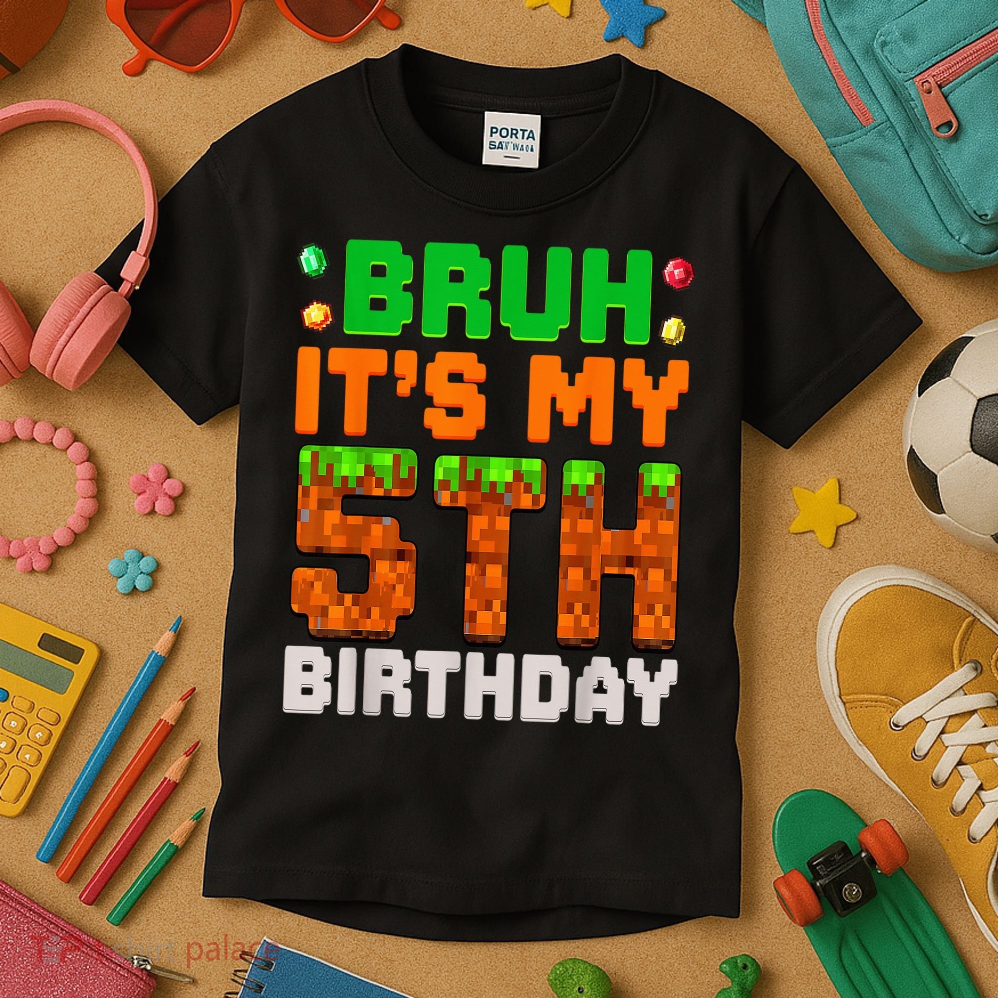 Bruh It'S My 5th Birthday 5 Year Old Birthday Boy Pixel Game Kids T-Shirt