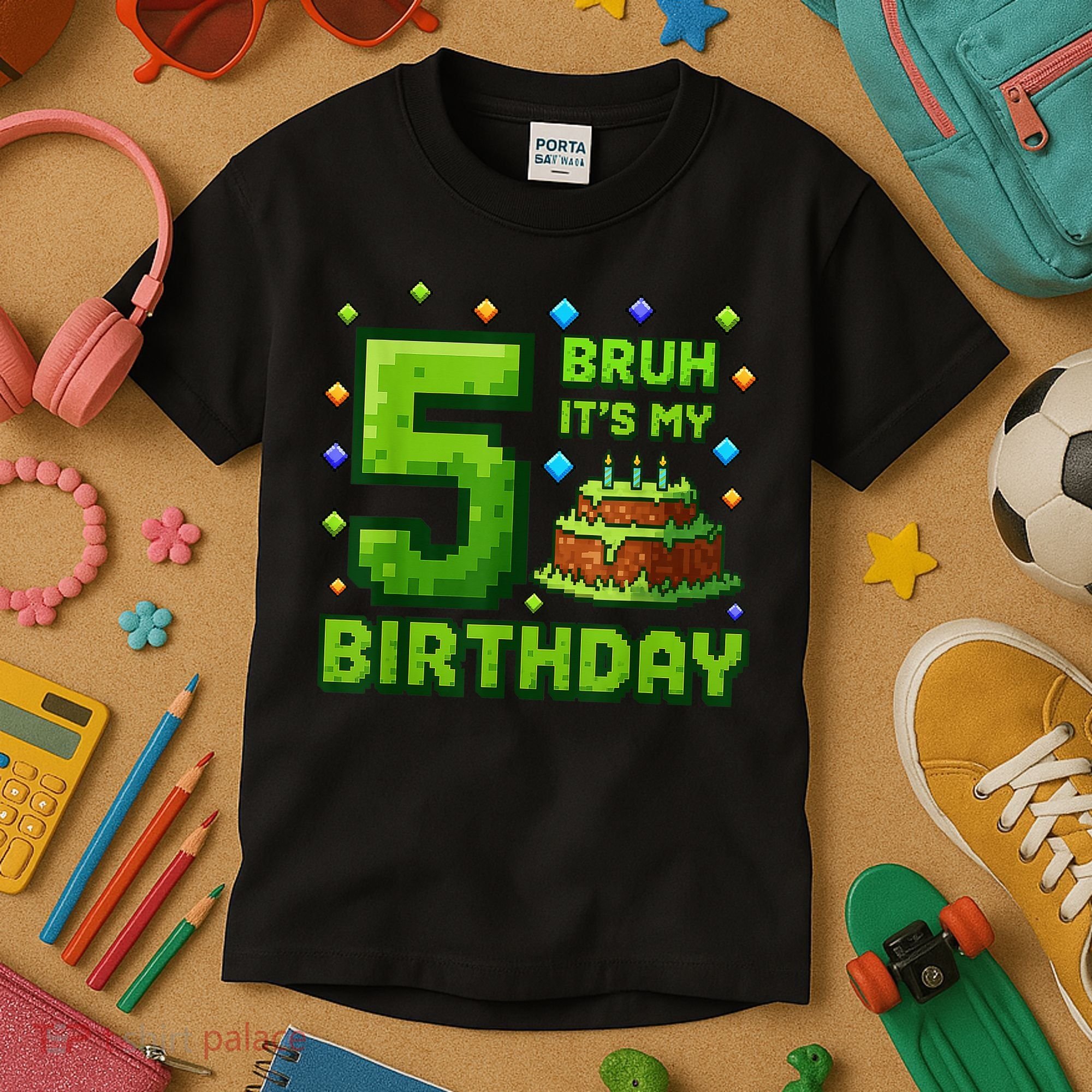Bruh It'S My 5th Birthday Boy Gamer Pixel 5 Year Old Kids T-Shirt