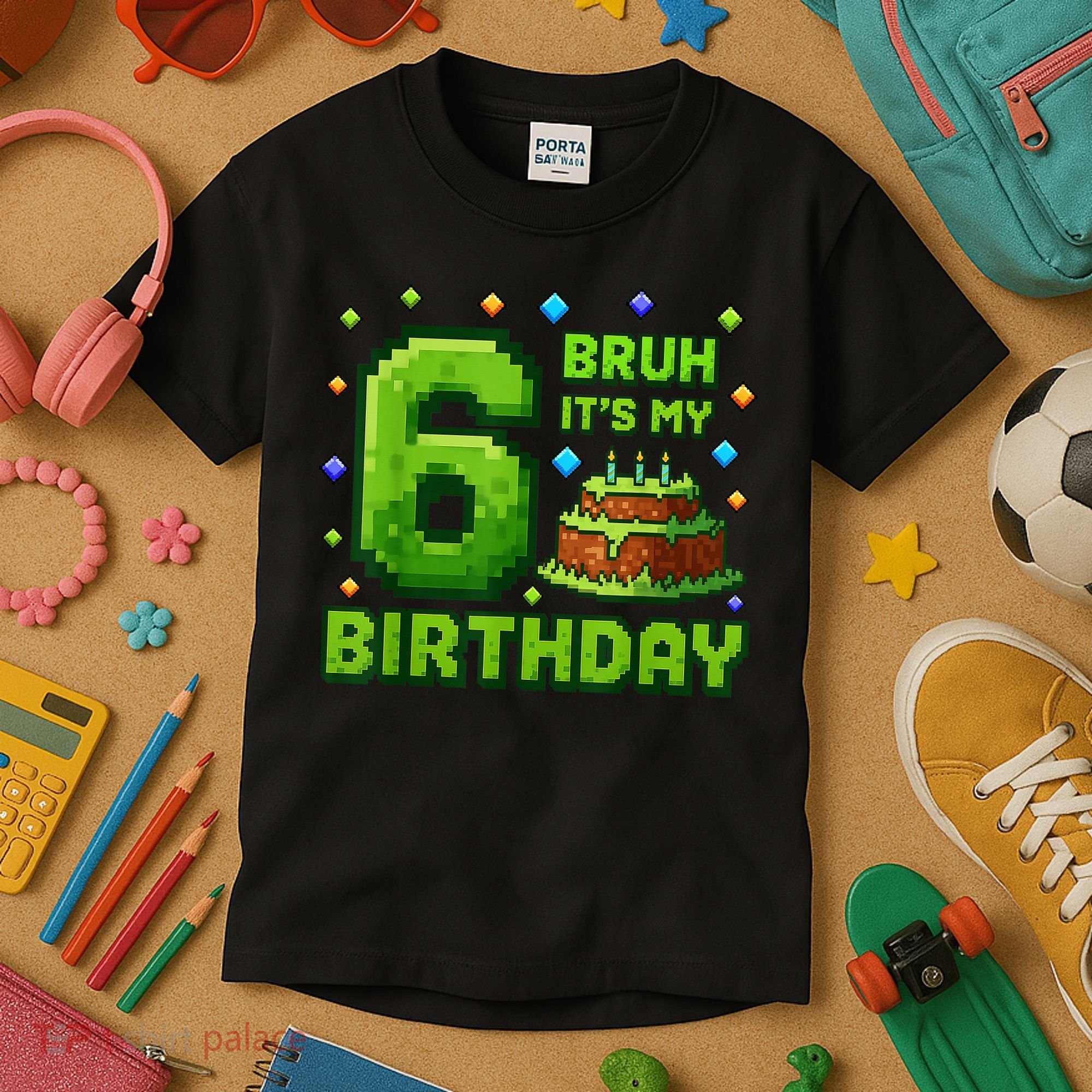 Bruh It'S My 6th Birthday Boy Gamer Pixel 6 Year Old Kids T-Shirt