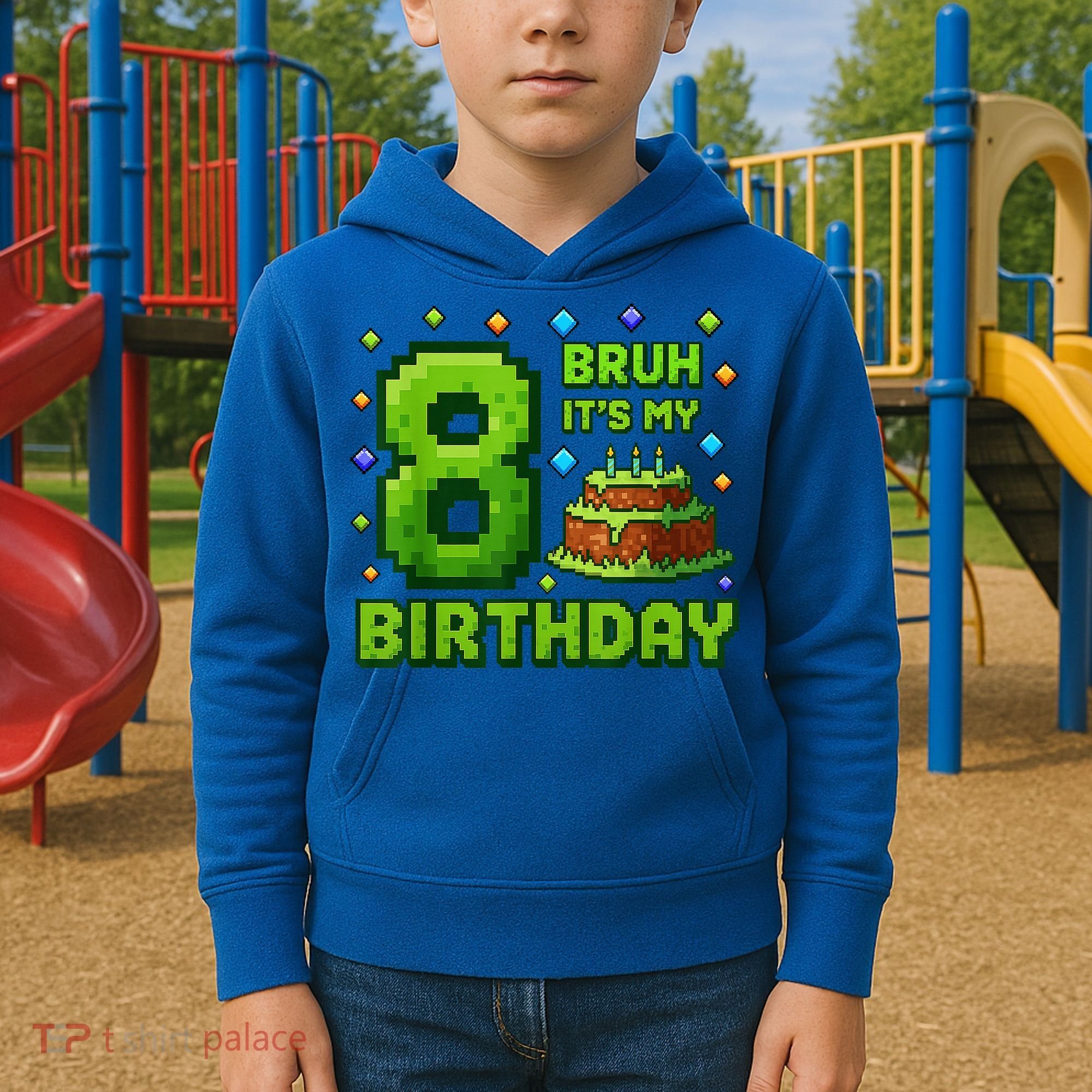 Bruh It'S My 8th Birthday Boy Gamer Pixel 8 Year Old Kids Hoodie