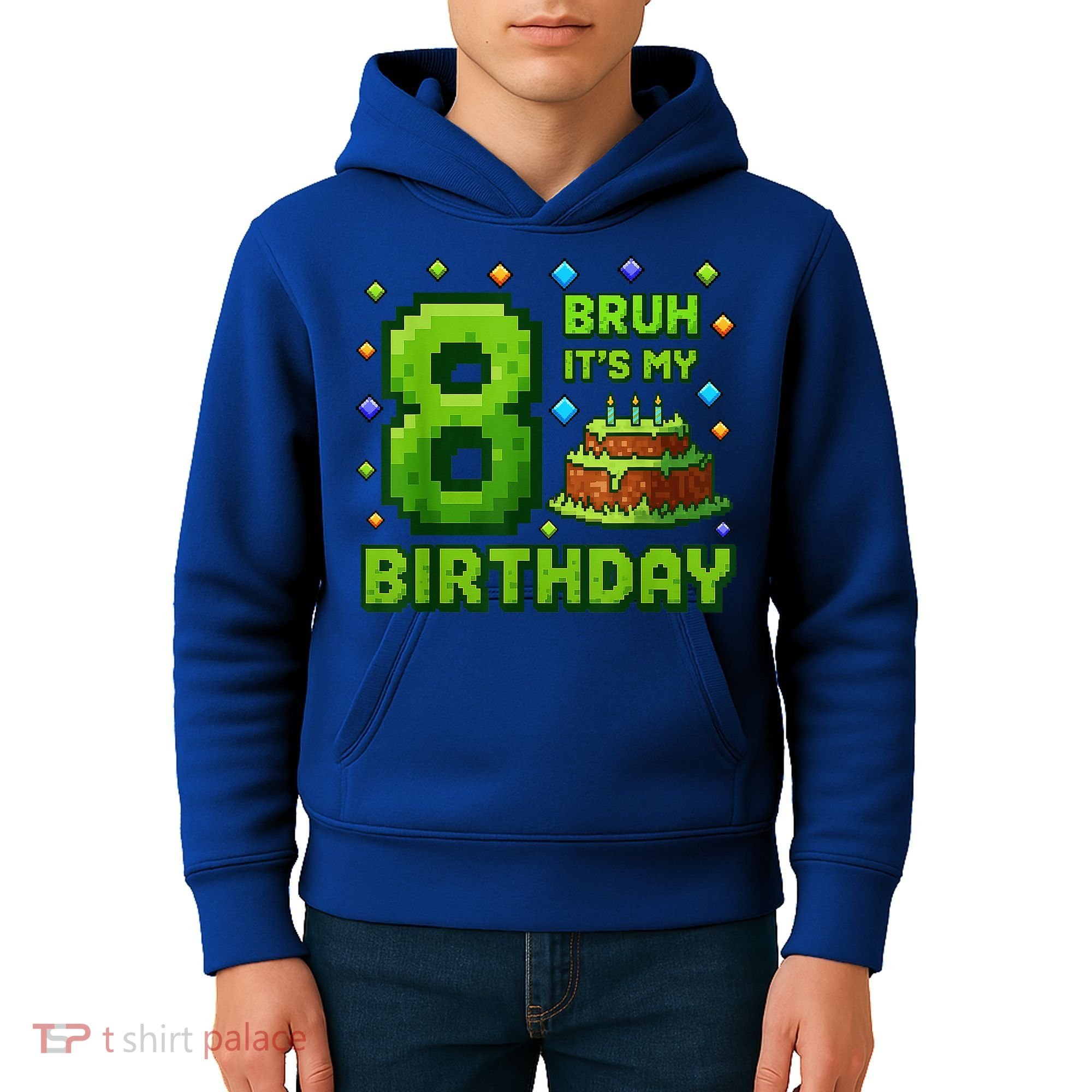 Bruh It'S My 8th Birthday Boy Gamer Pixel 8 Year Old Kids Hoodie