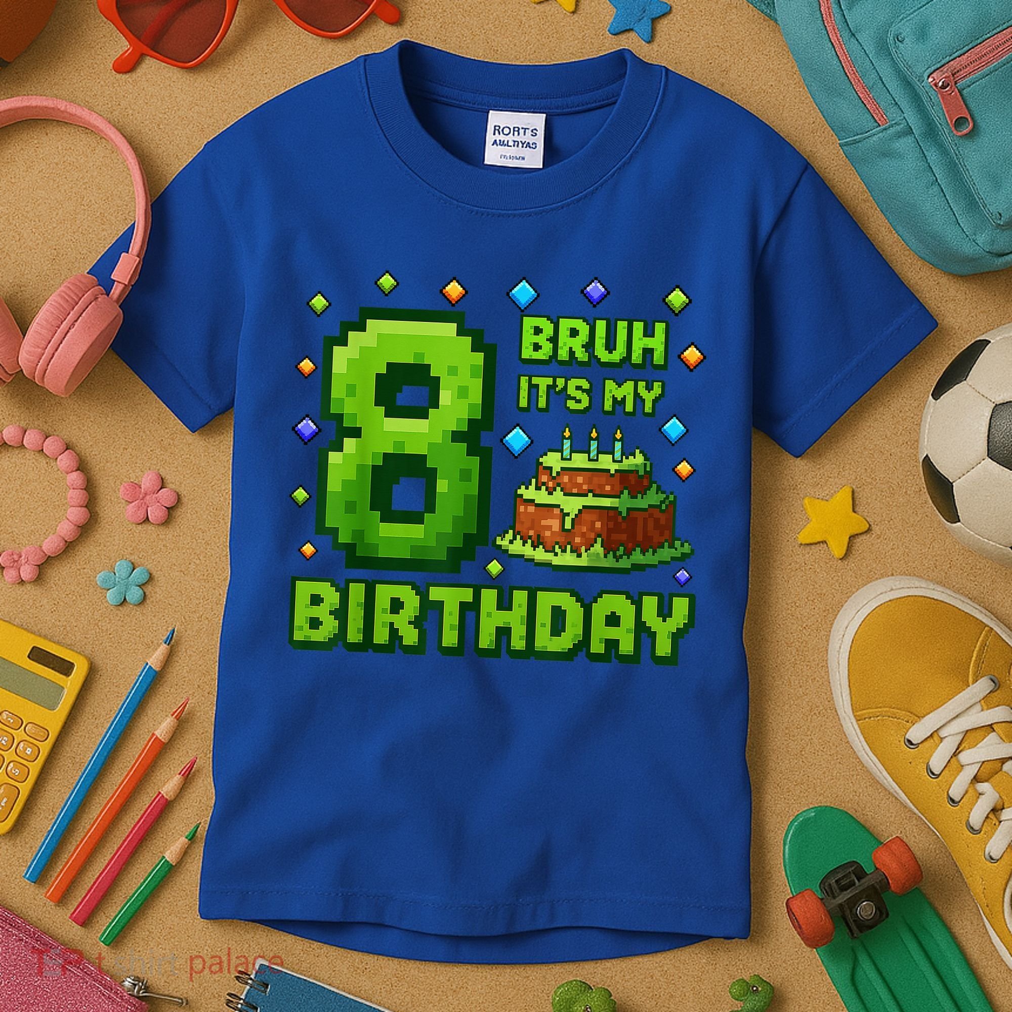 Bruh It'S My 8th Birthday Boy Gamer Pixel 8 Year Old Kids T-Shirt