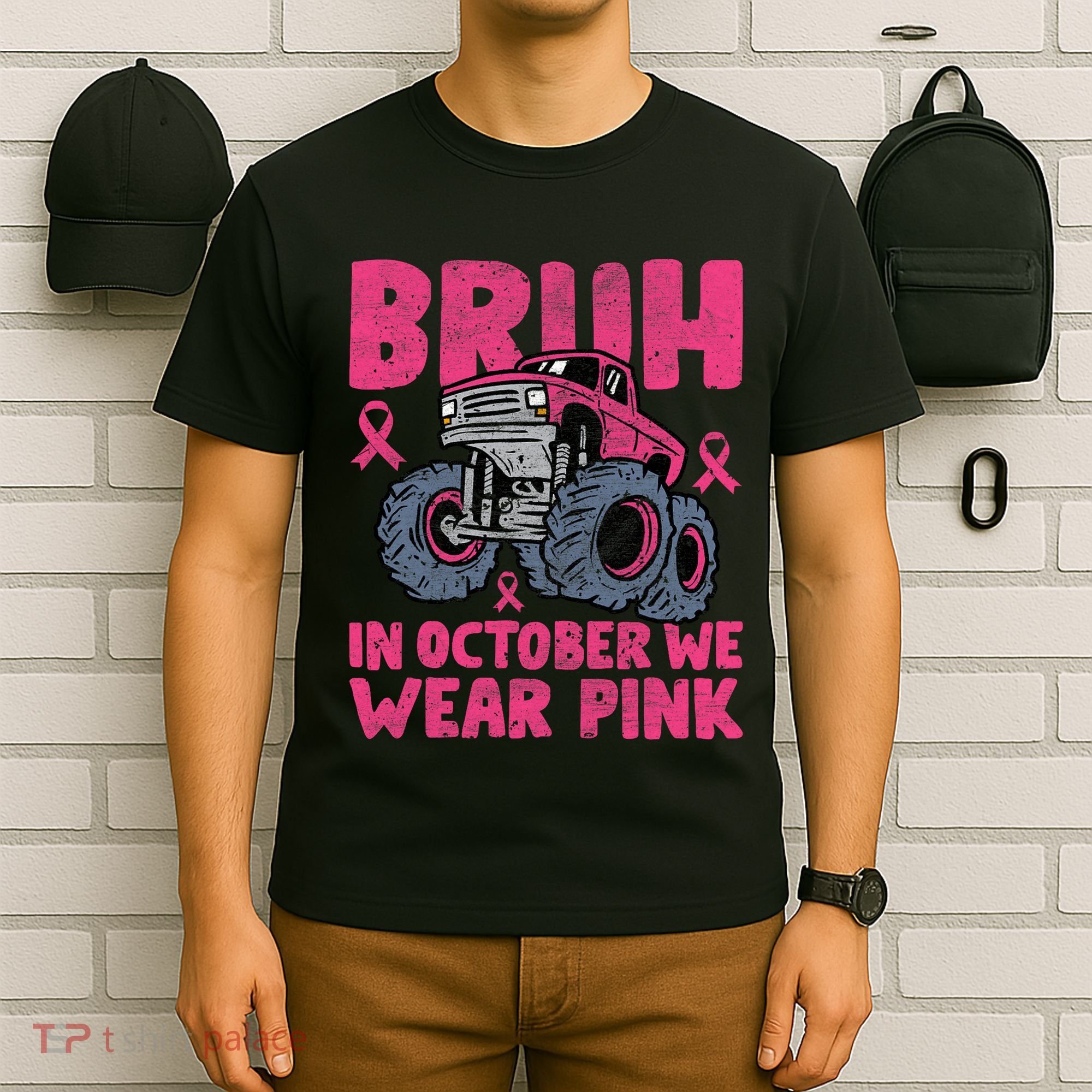 Bruh In October We Wear Breast Cancer Monster Truck T-Shirt