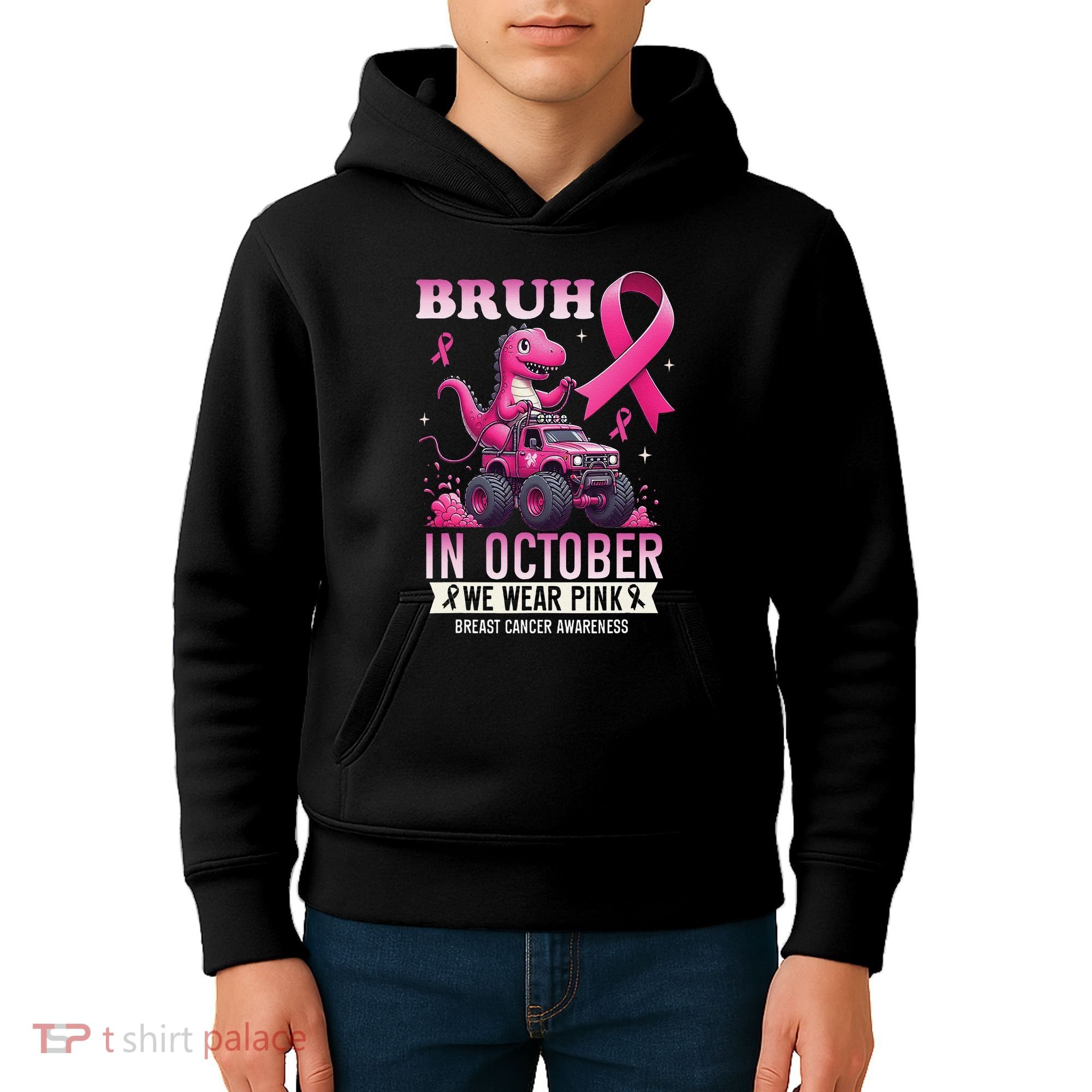 Bruh In October We Wear Pin.K Breast Cancer Awareness Kids Hoodie