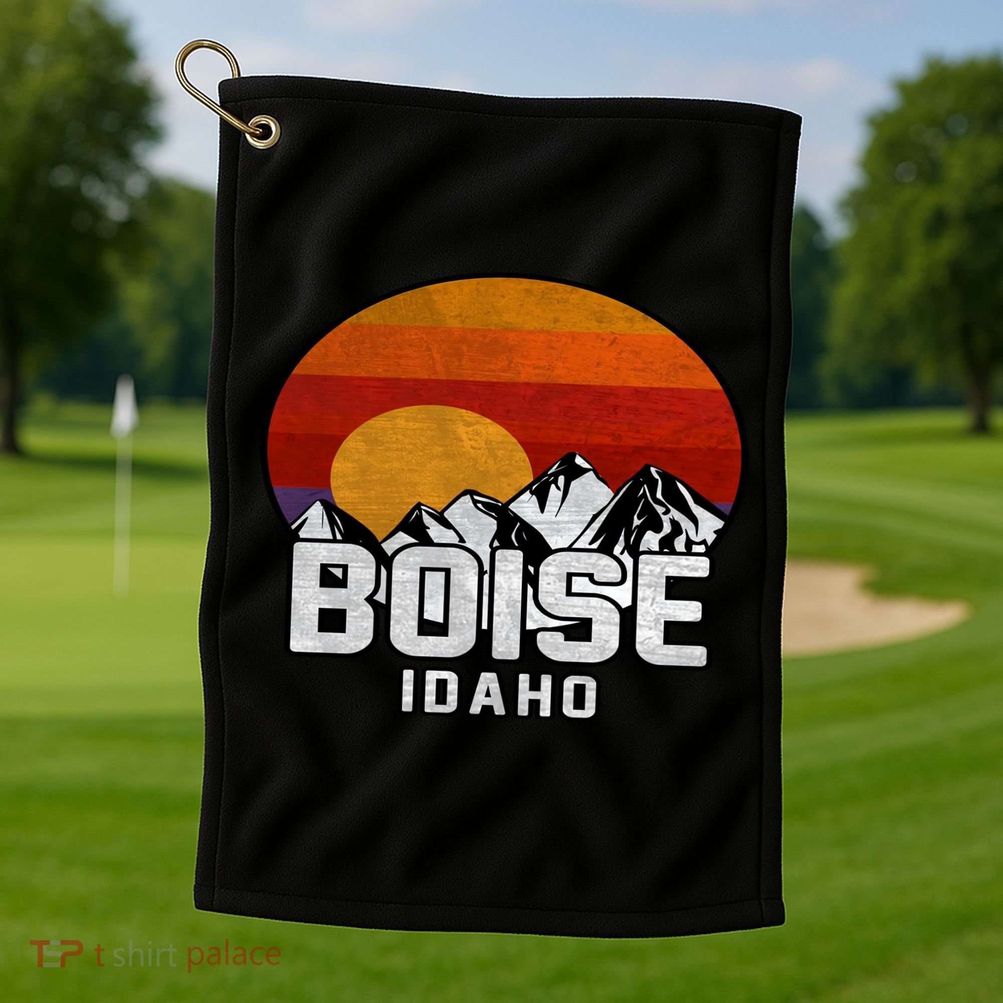 Boise Idaho Retro Mountain Sunset Gift Golf Towel