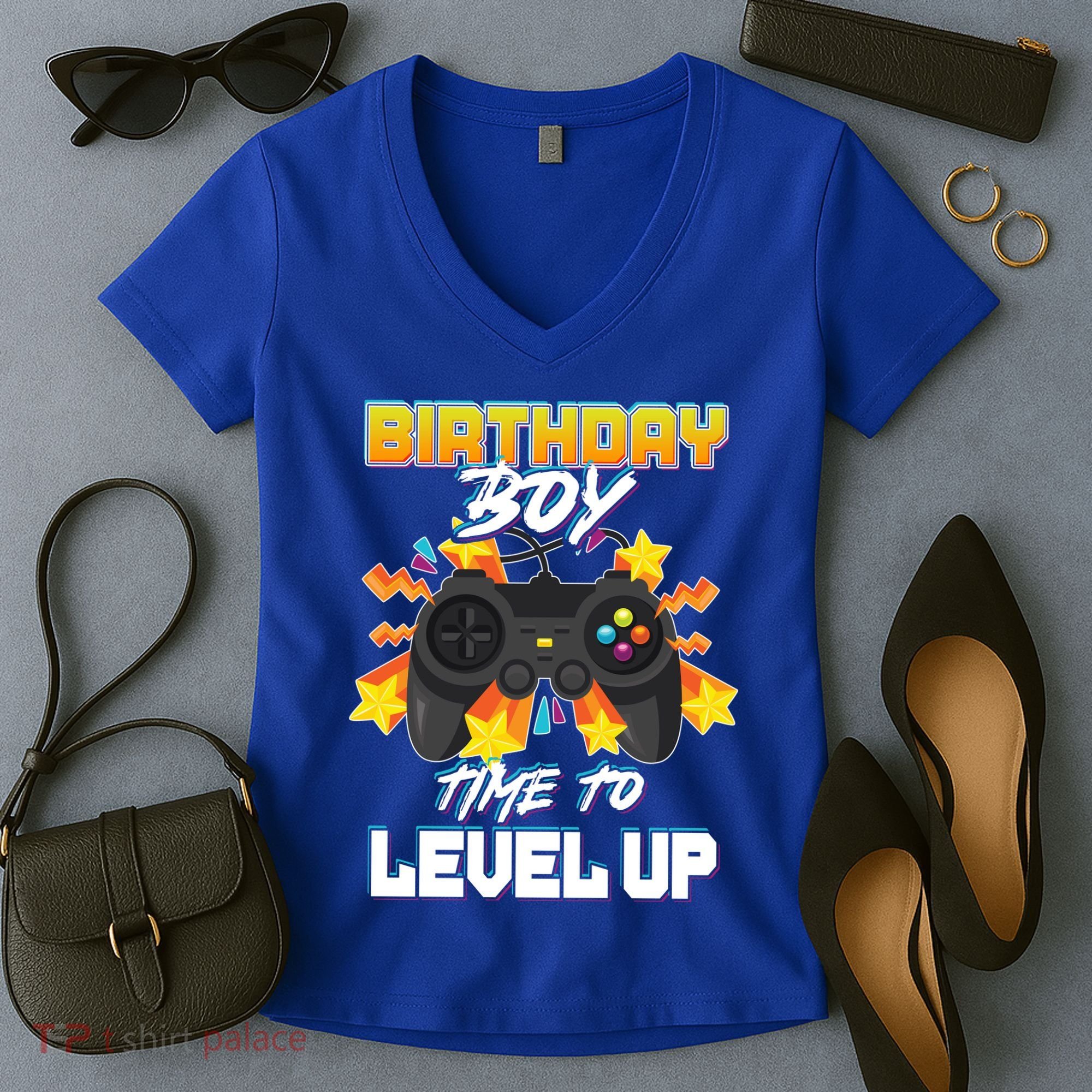 Birthday Boy Time to Level Up Video Gamer Cute Funny Women's V-Neck T-Shirt