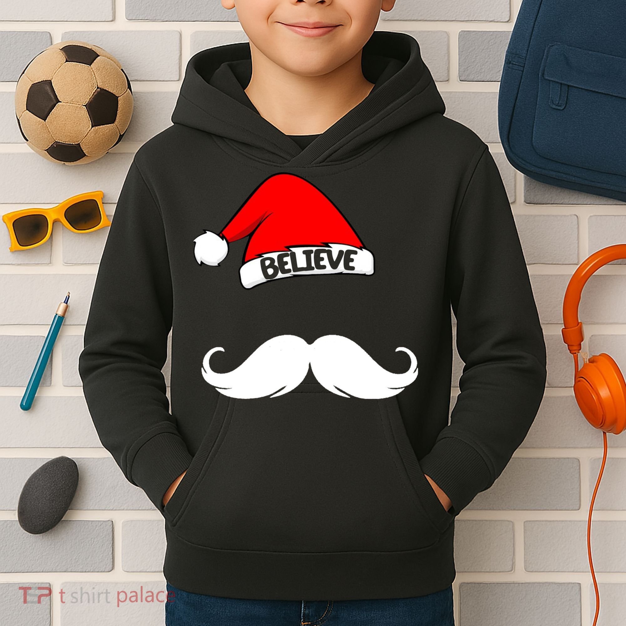 Believe In Santa Funny Mustache Kids Hoodie