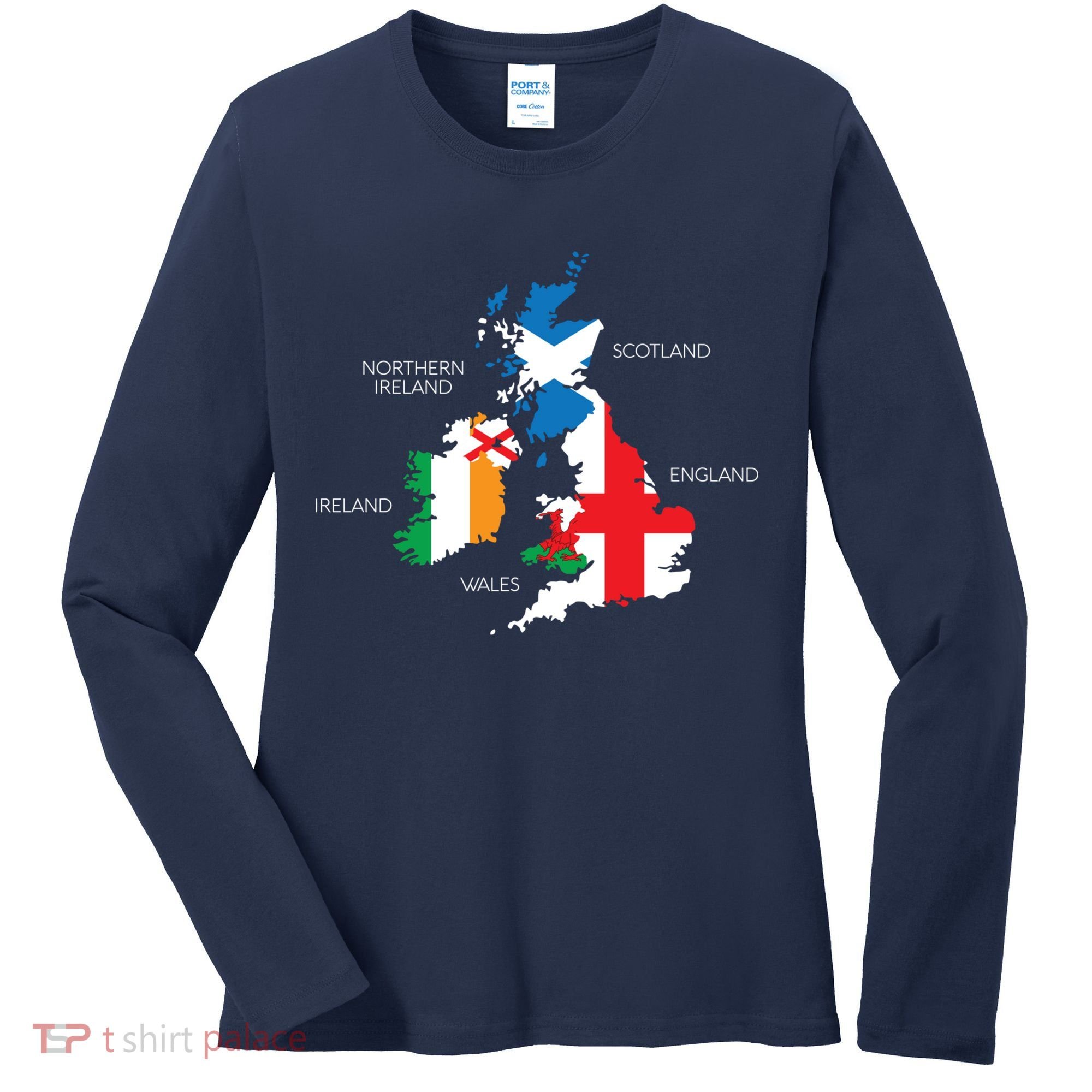 British Isles Sea Ireland Scotland Wales England Map Coins Women's Long Sleeve Shirt
