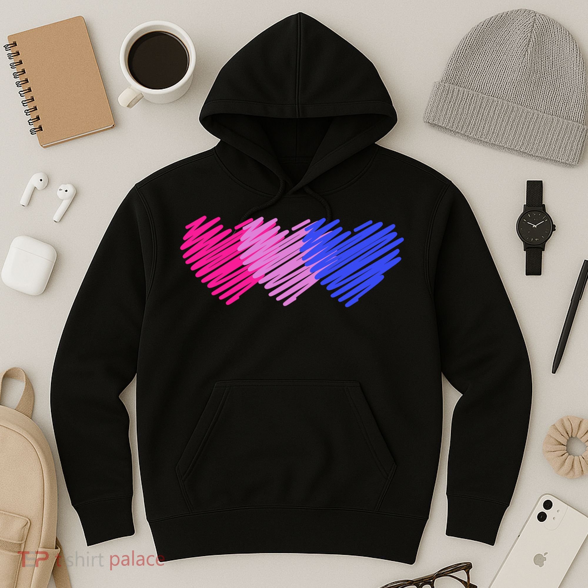 Bisexual Flag Hearts Love LGBT Bi Pride Hoodie