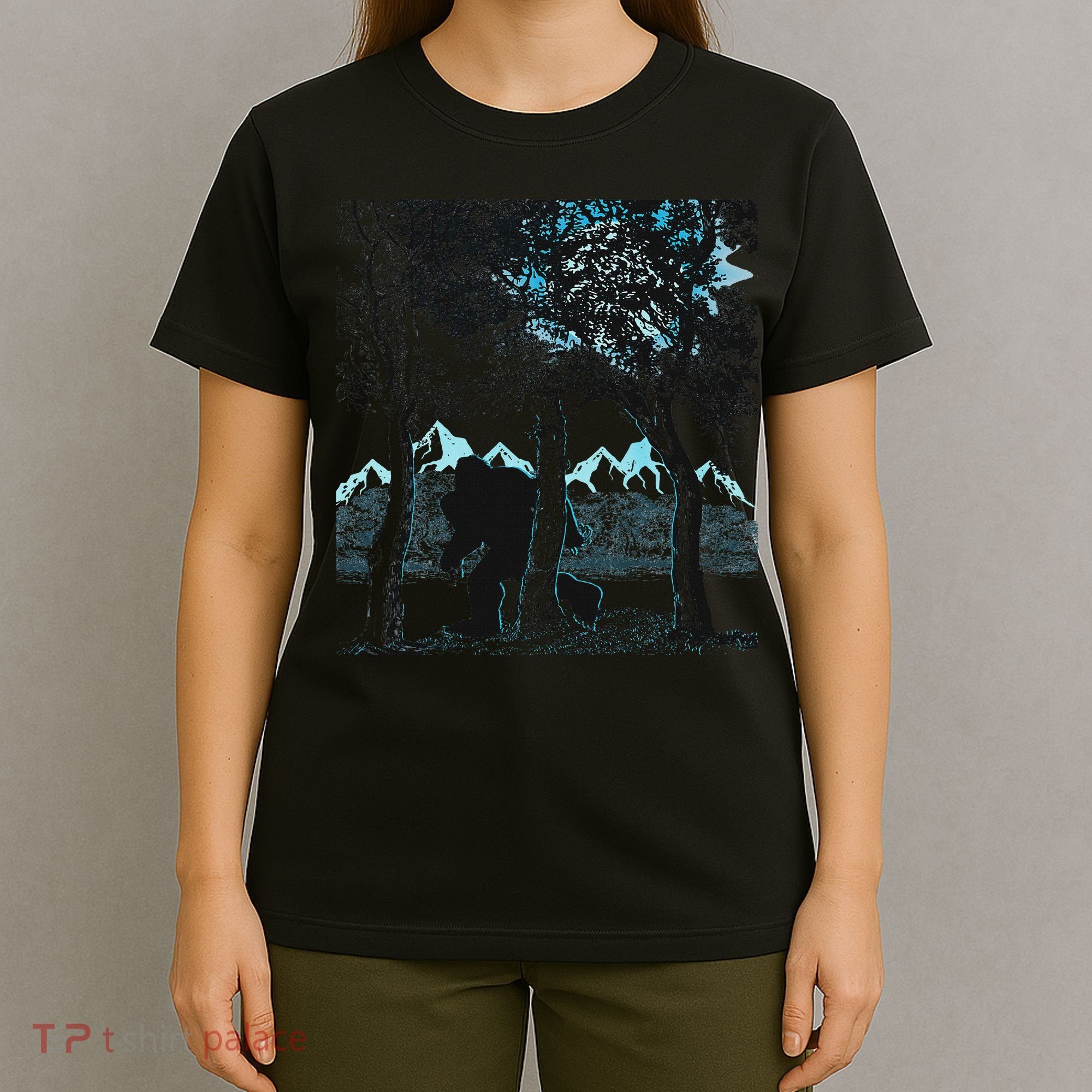Bigfoot In The Forest Hiding Under The Moon T-Shirt