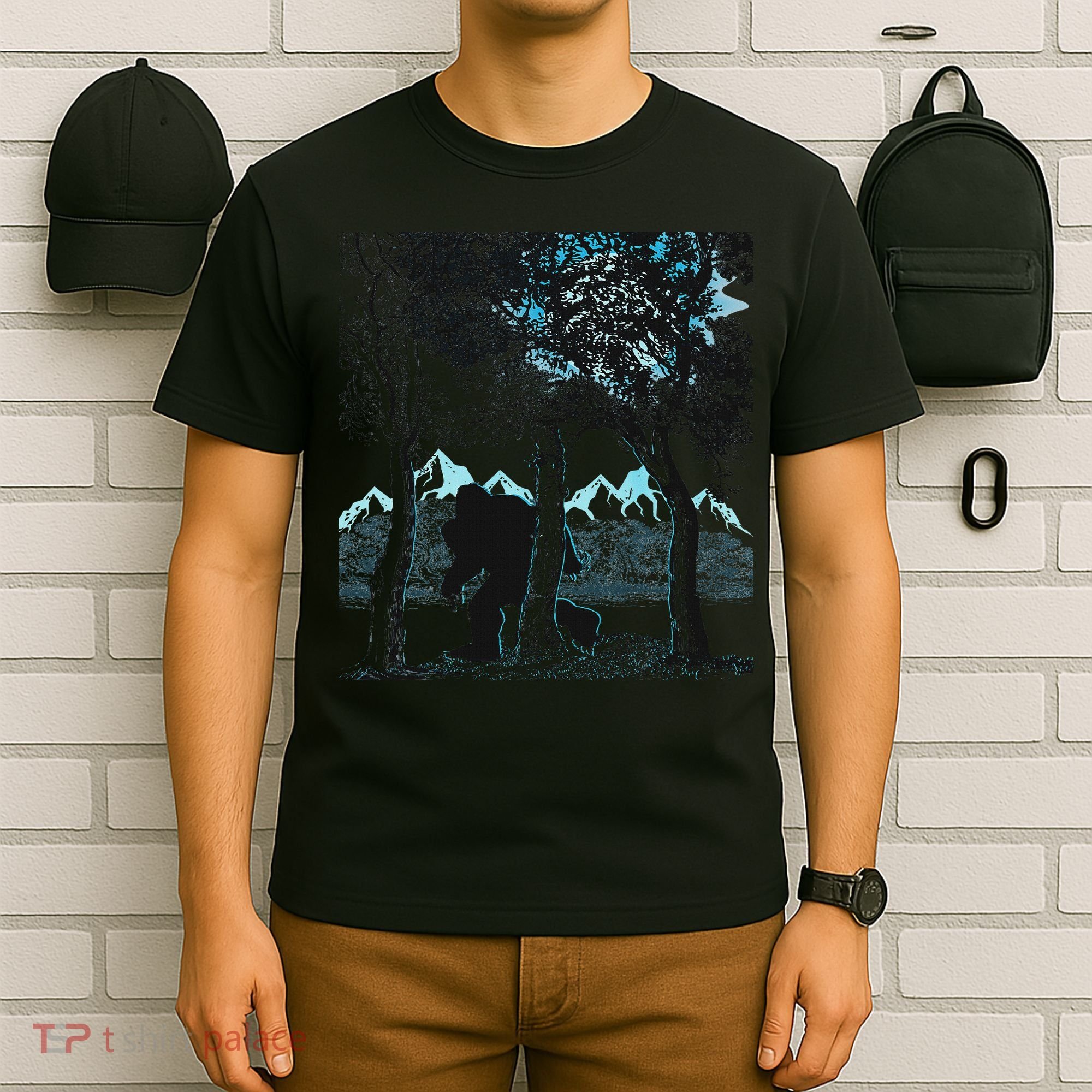Bigfoot In The Forest Hiding Under The Moon T-Shirt