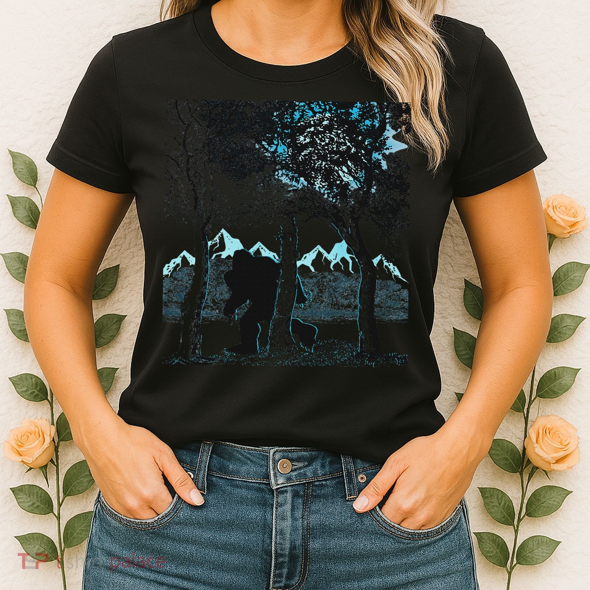 Bigfoot In The Forest Hiding Under The Moon Women's T-Shirt