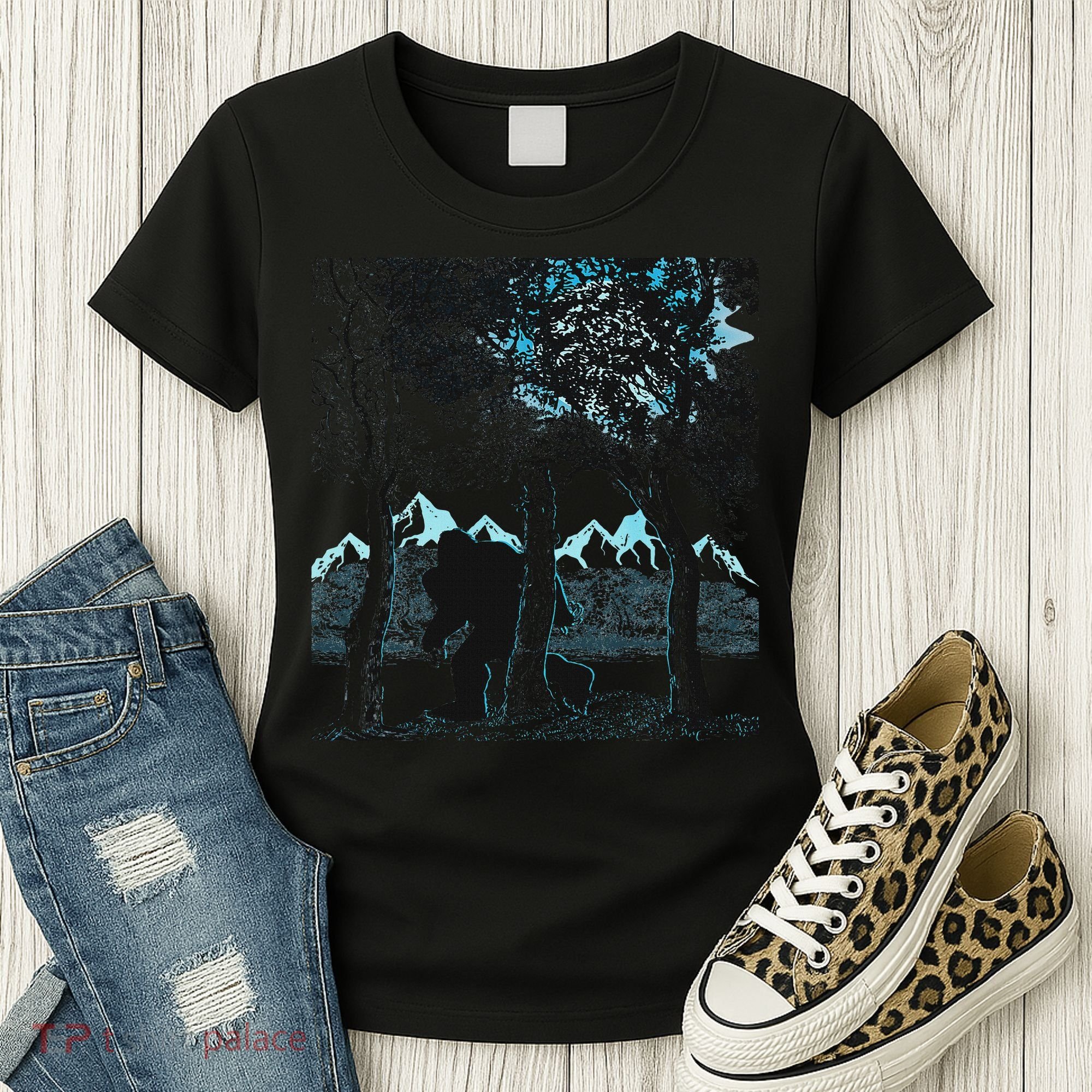 Bigfoot In The Forest Hiding Under The Moon Women's T-Shirt