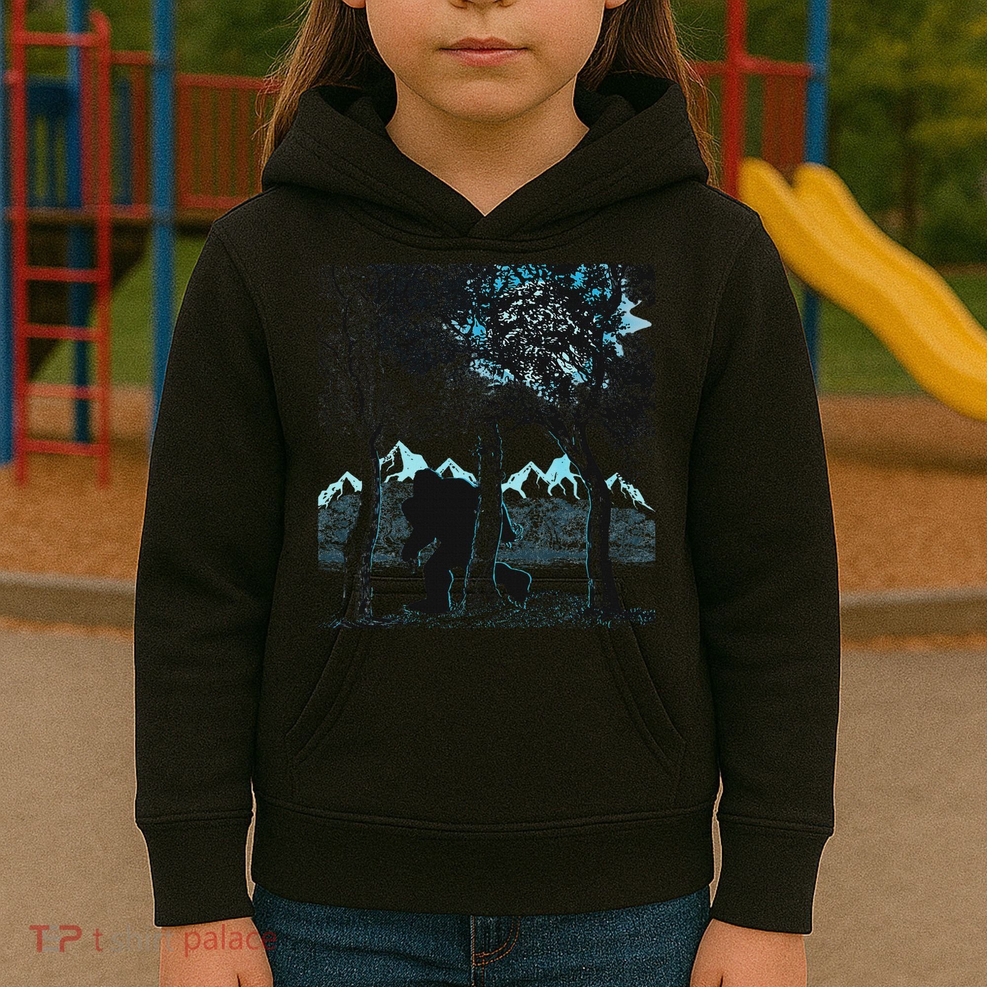 Bigfoot In The Forest Hiding Under The Moon Kids Hoodie