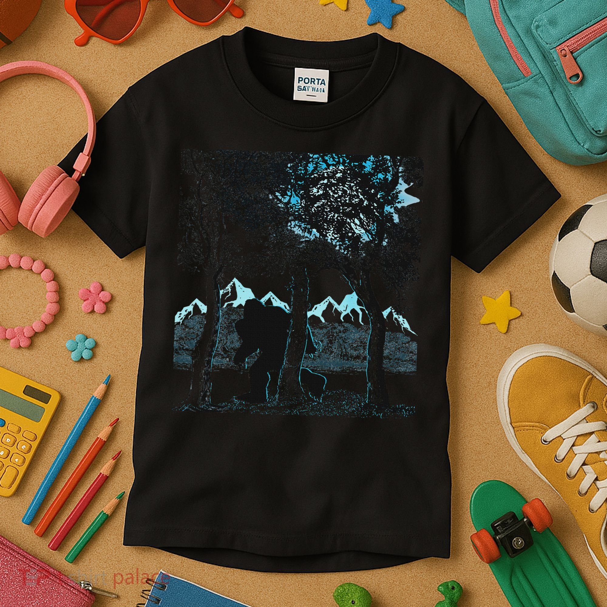 Bigfoot In The Forest Hiding Under The Moon Kids T-Shirt