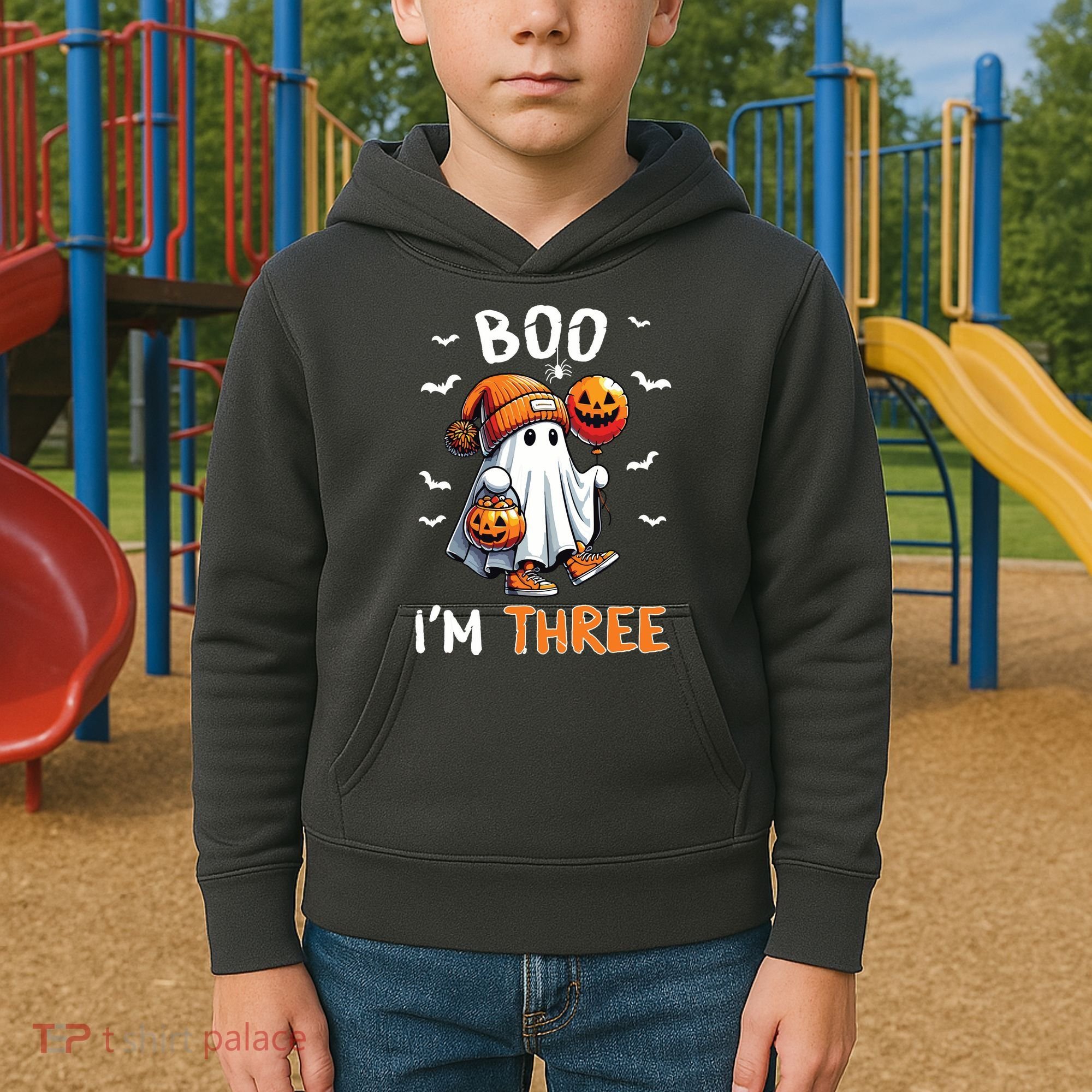 Boo IM Three Ghost 3rd Birthday Halloween Kids Hoodie