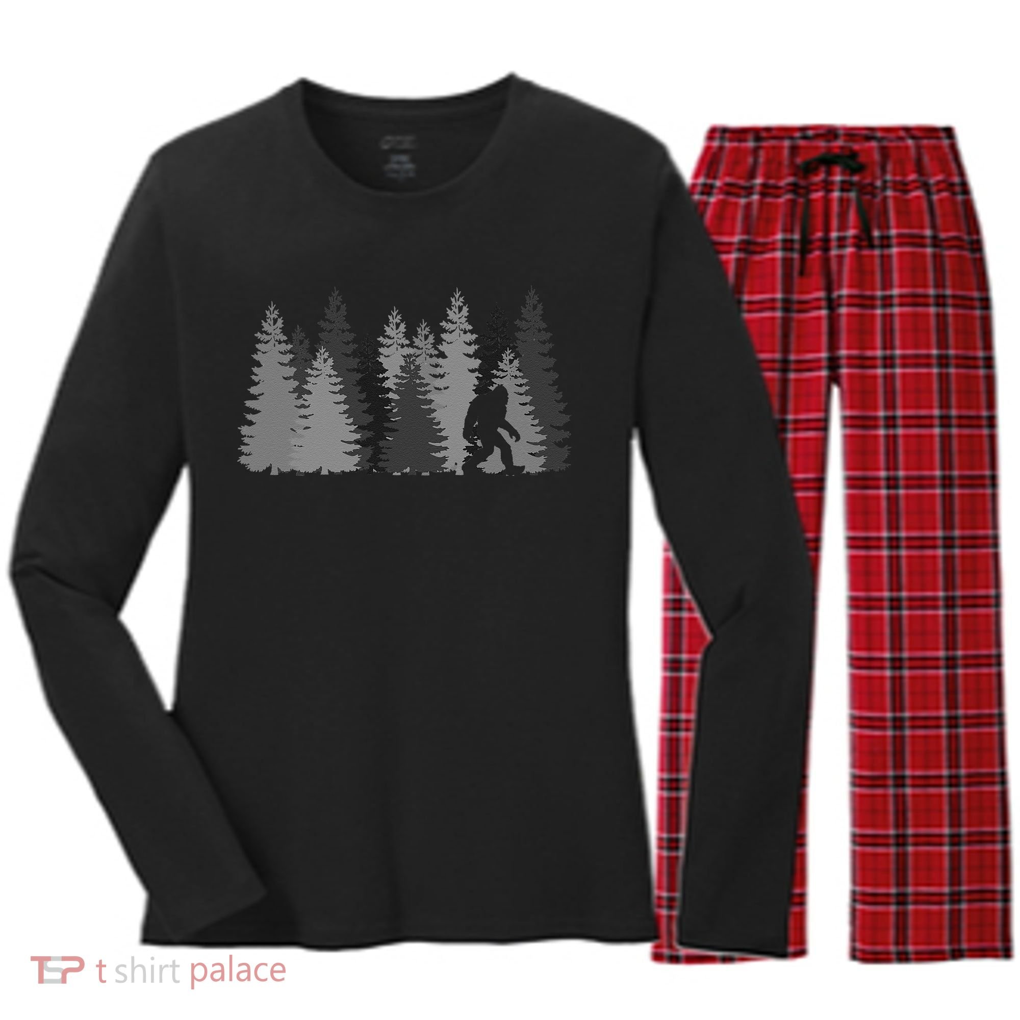 Bigfoot In The Forest Sasquatch Yeti Women's Long Sleeve Flannel Pajama Set 
