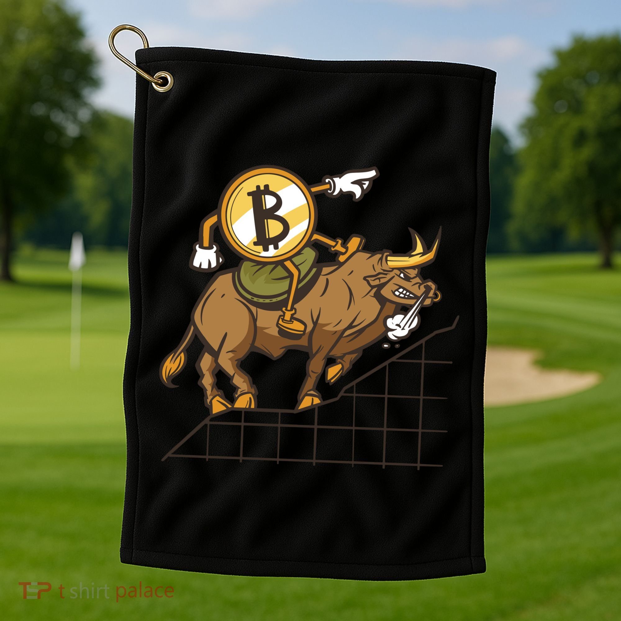 Bitcoin Cartoon Riding Bull Golf Towel