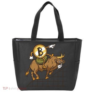 Bitcoin Cartoon Riding Bull Tote Bag