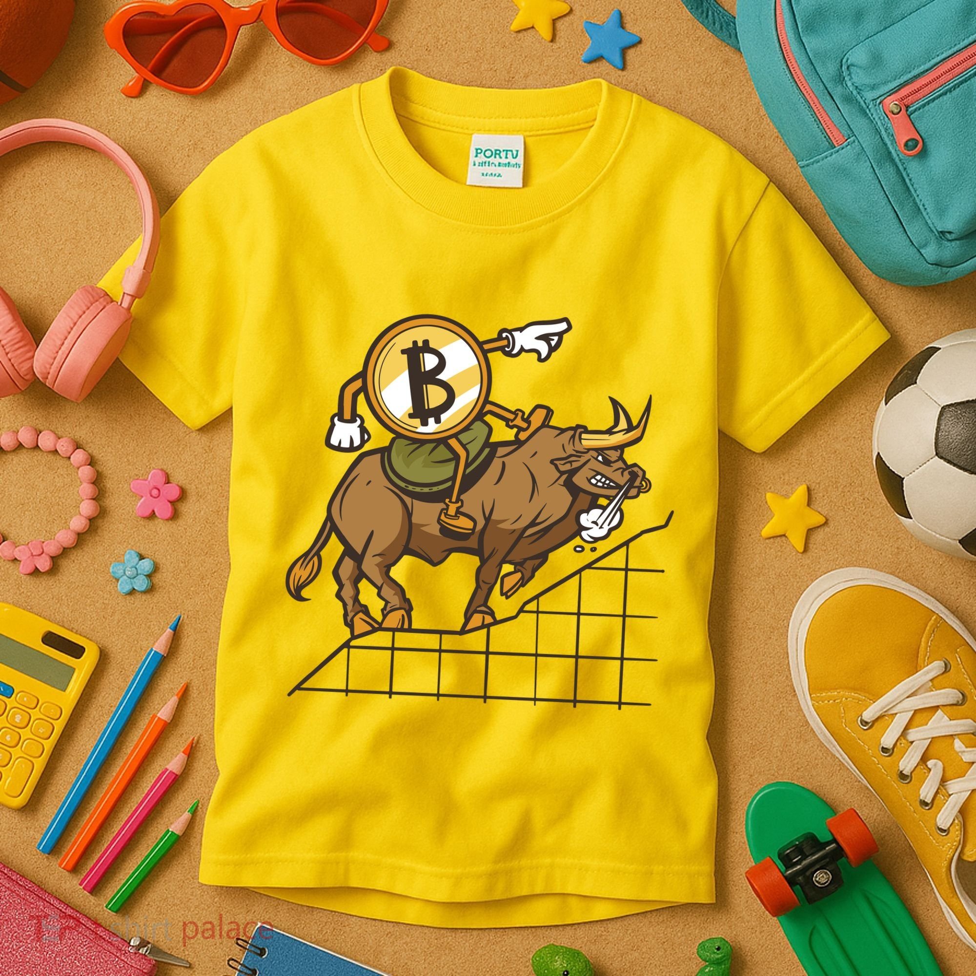Bitcoin Cartoon Riding Bull Kids T-Shirt