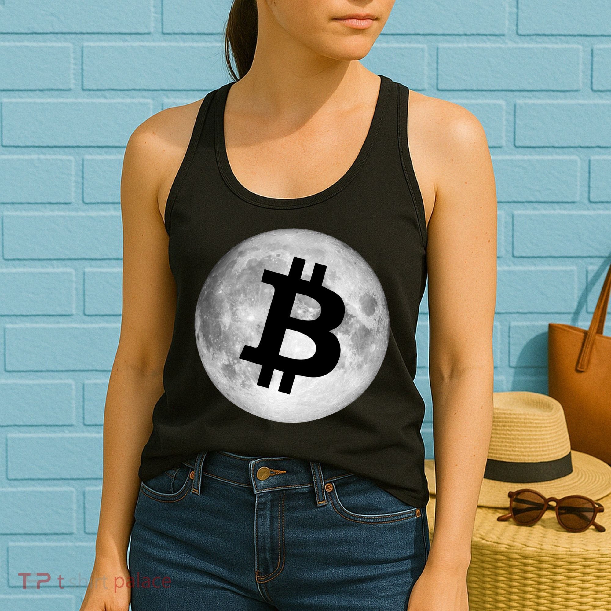 Bitcoin Cryptocurrency Fly Me To The Moon Logo Women's Tank Top