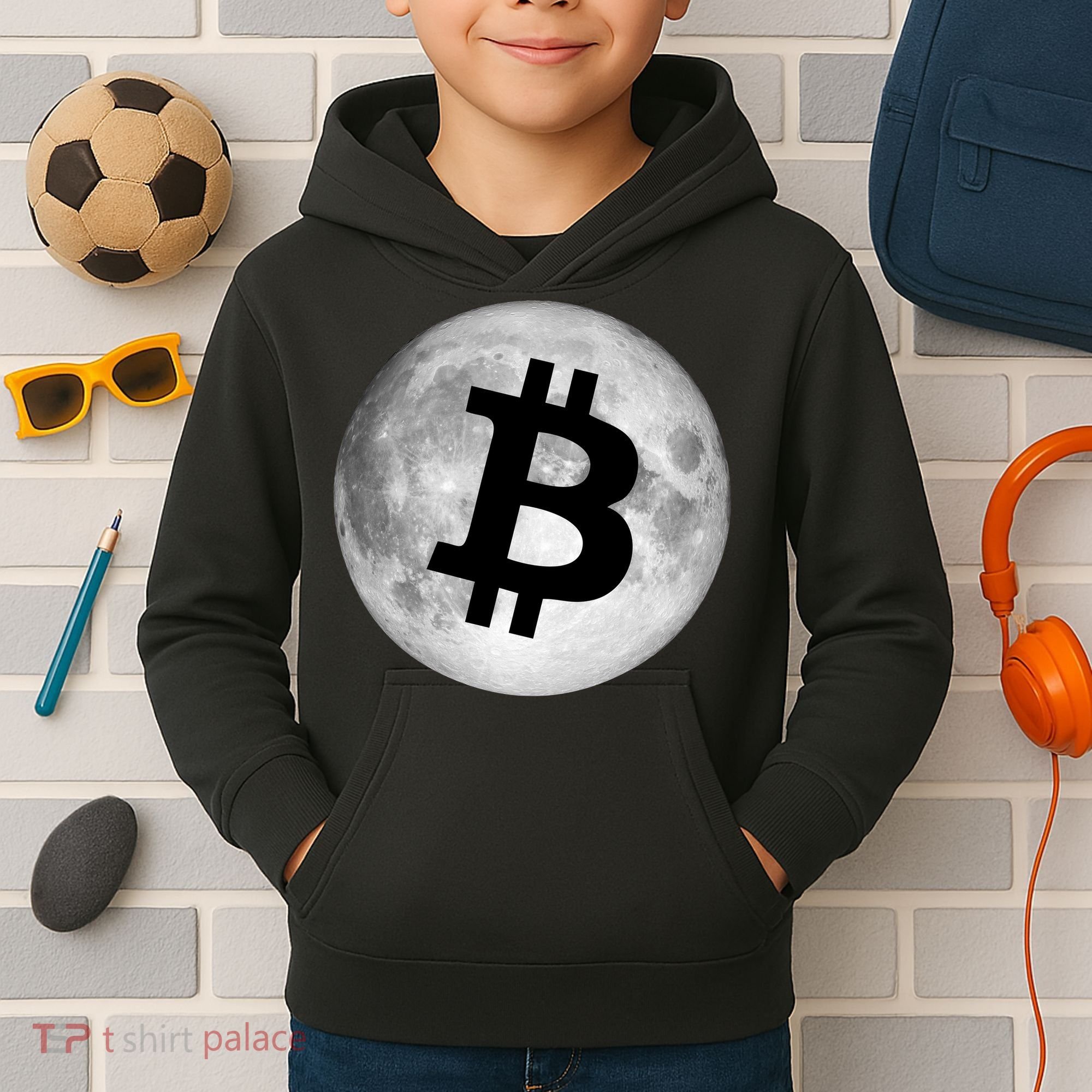 Bitcoin Cryptocurrency Fly Me To The Moon Logo Kids Hoodie
