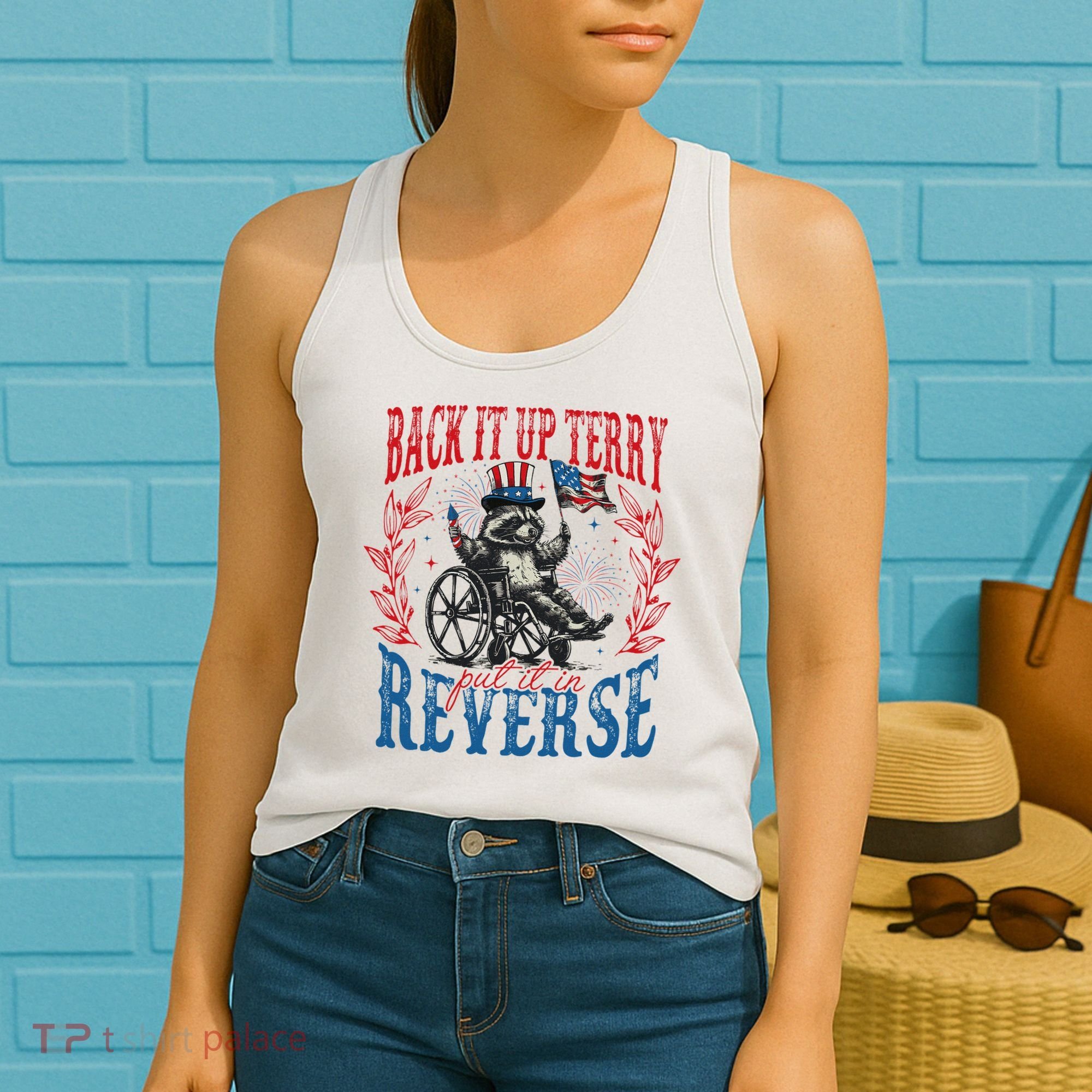 Back It Up Terry Put It In Reverse Funny Racoon 4th Of July Women's Tank Top