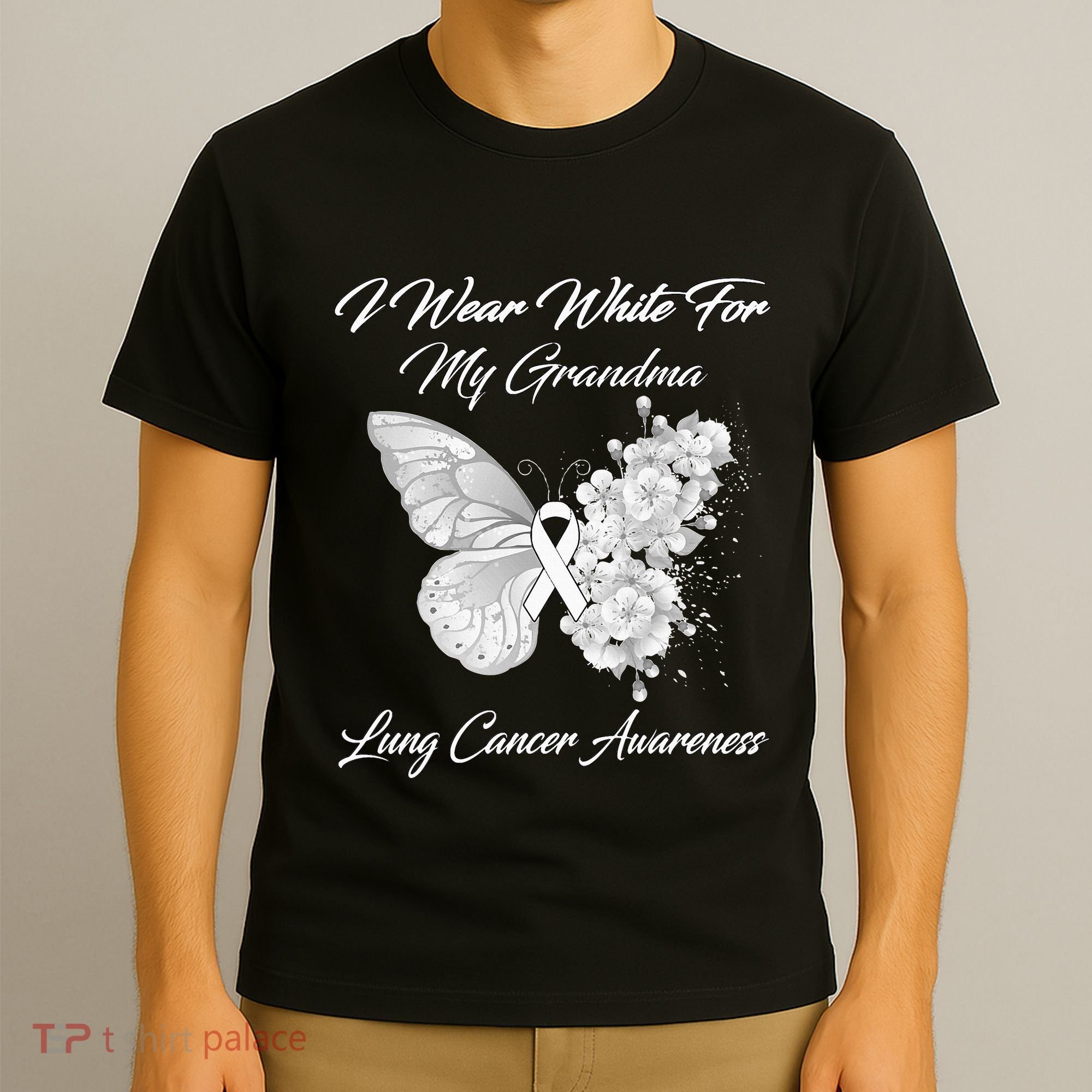 Butterfly I Wear White For My Grandma Lung Cancer Awareness T-Shirt