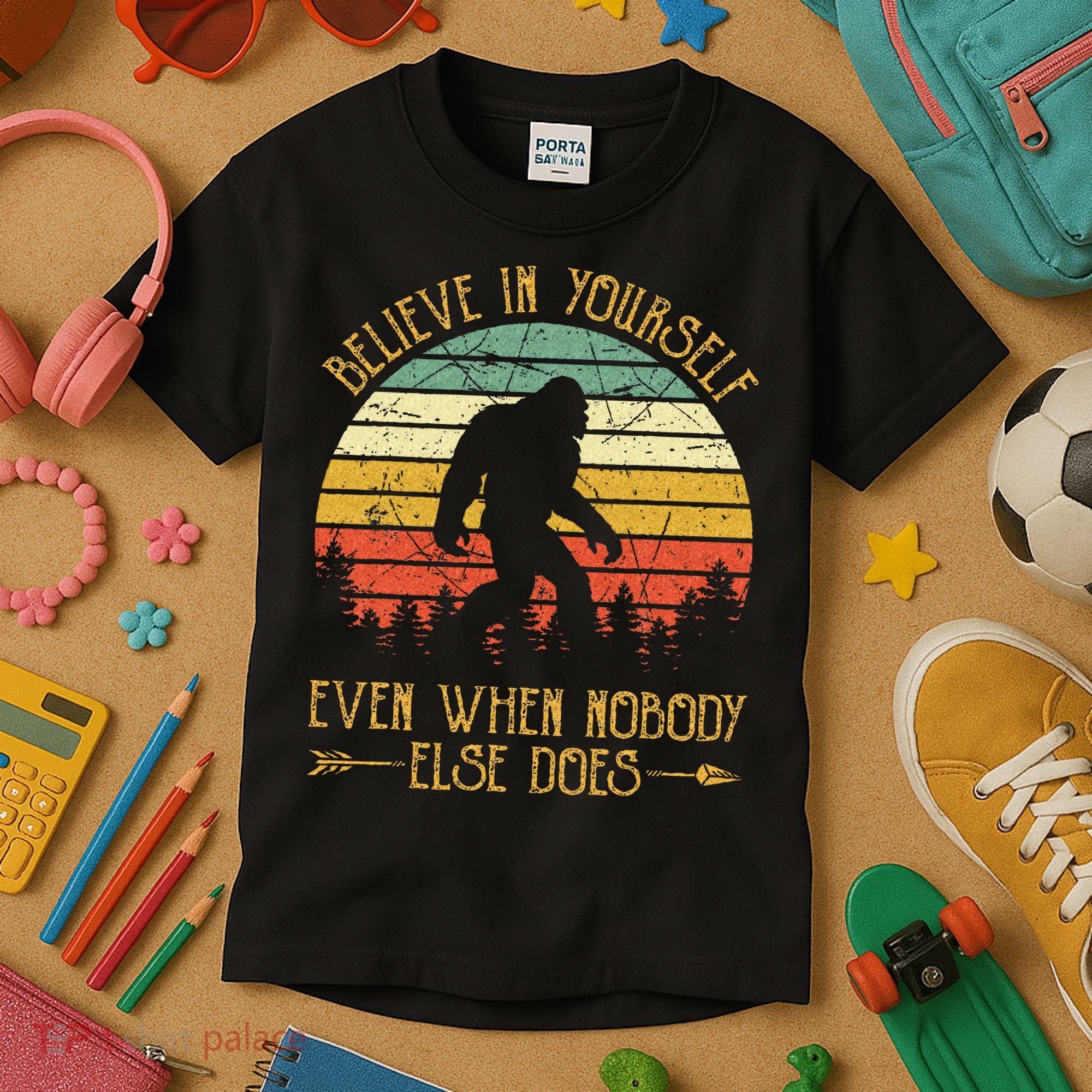 Believe In Yourself Even When No One Else Does Funny Bigfoot Kids T-Shirt