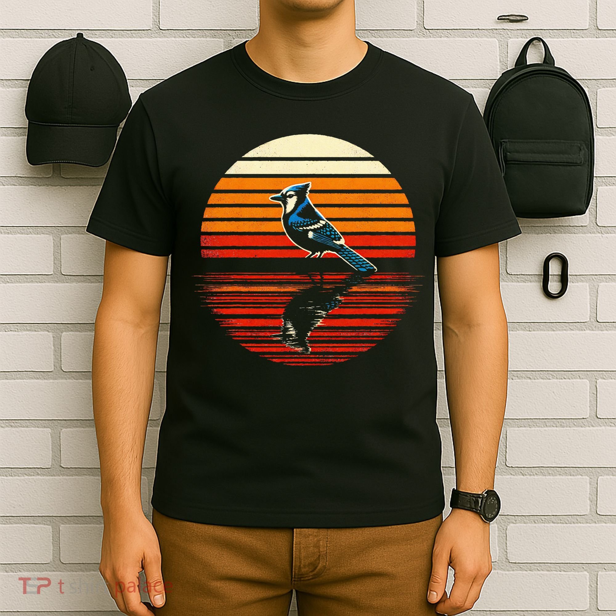 Blue Jay Bird Sunset Retro Style Safari Vintage 70s T-Shirt