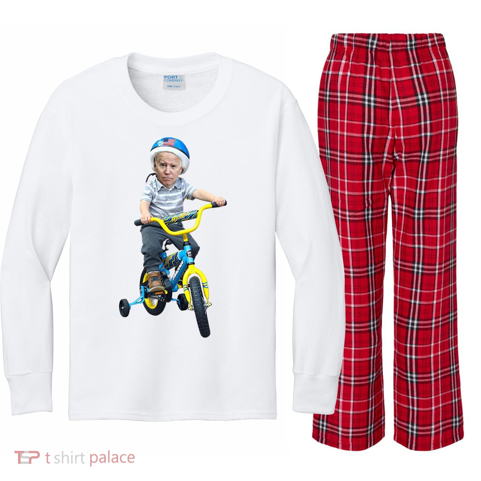 Baby Joe Biden On Tricycle Funny Joe Biden Bike Kids Long Sleeve Plaid Pajama Set